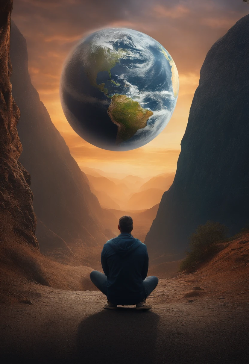 Um mundo de fantasia, Everything is magical, The environment has a magical touch, Man kneeling in front of the earth with cracks, foto realista, detalhes altos, melhor qualidade, 4k. mostrar homem de frente e mais de perto ajoelhado, mostrar terracom bastante rachaduras