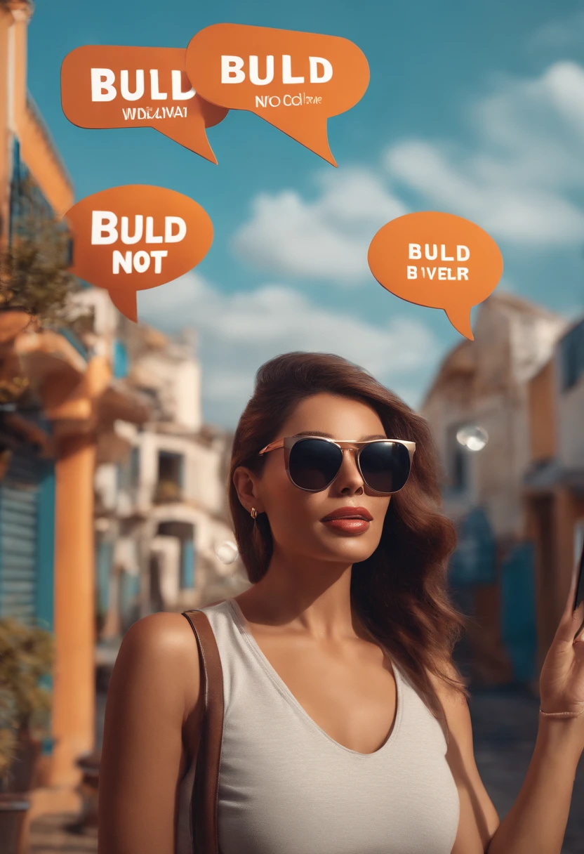 arafed woman with sunglasses and speech bubbles that say build not, but not quite, no blur, portrait shot, avatar image, inspired by Mike Winkelmann, bulky build, bold happy expression, not ruins, high quality portrait, nft portrait, regular build, by Nicholas Marsicano, photo portrait, 3 d render character art 8 k