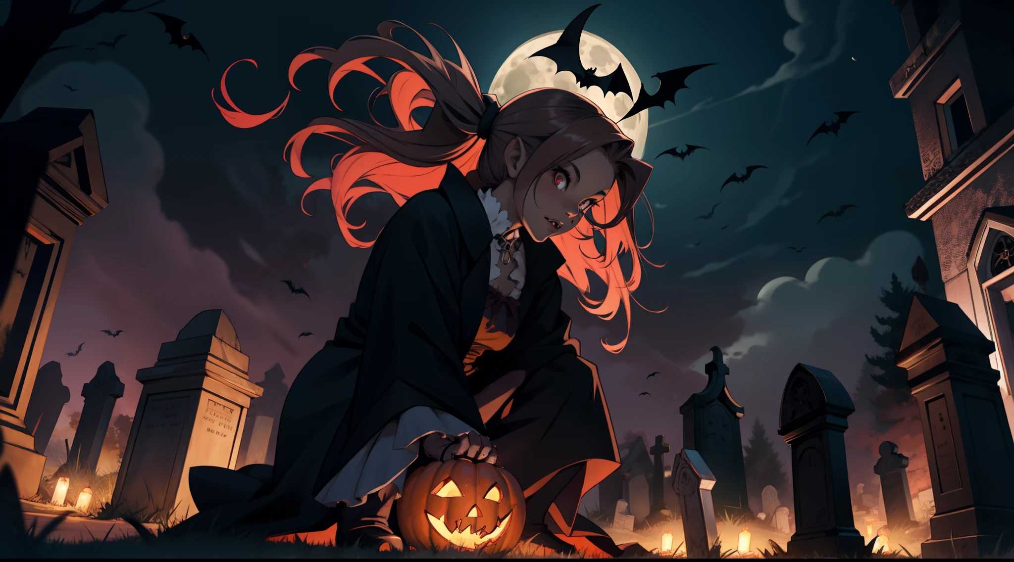 Young scary Halloween vampire girl in a graveyard in the middle of the night under a crescent moon . muscle