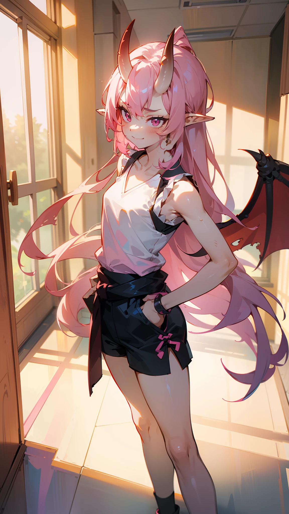 masterpiece, best quality,girl,small body,solo, cute face, pink eyes, small breast,oni horns, white shirt, sleeveless, black shorts ,long hair, pink hair, pointy ears,dragon wings,smile,sexy,sensual(standing in a school hallway,sunlight),hands on waist