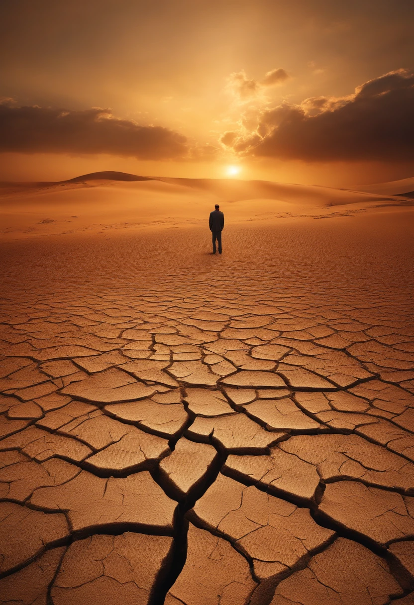 Um mundo de fantasia, Everything is magical, The environment has a magical touch, Man kneeling in front of the dry and cracked floor, foto realista, detalhes altos, melhor qualidade, 4k. mostrar homem de frente e mais de perto ajoelhado, show dry ground with plenty of cracks