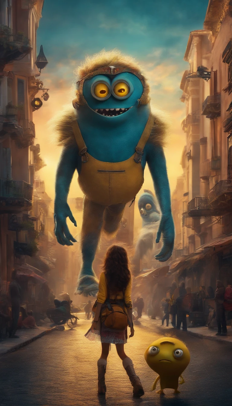 a girl beautiful detailed face carrying a little monster on his shoulder,wandering on the streets of the city,illustration,detailed character design,dynamic pose,urban environment,mixed media artwork,colorful,gritty textures,highly detailed background,impressive lighting,realistic style,playful,expressive face of the monster,stunning colors and shades,emotional connection between the girl and the monster,life-like rendering,best quality,4k resolution,ultra-detailed,professional artwork,vivid colors,sharp focus,studio lighting. Digital creatures in miró style, like machines real ultra realistic, devices interconnected, cables all over, wifi signals, xray, metal parts ,dancing in the air with monster minions, extremely detailed, high resolution, best quality, color realistic, vivid), 8 minions dancing in the air, admiring the scenery , extraterrestrial creatures, photography, on terrain, nebula sky, ((best silhouette)), best quality