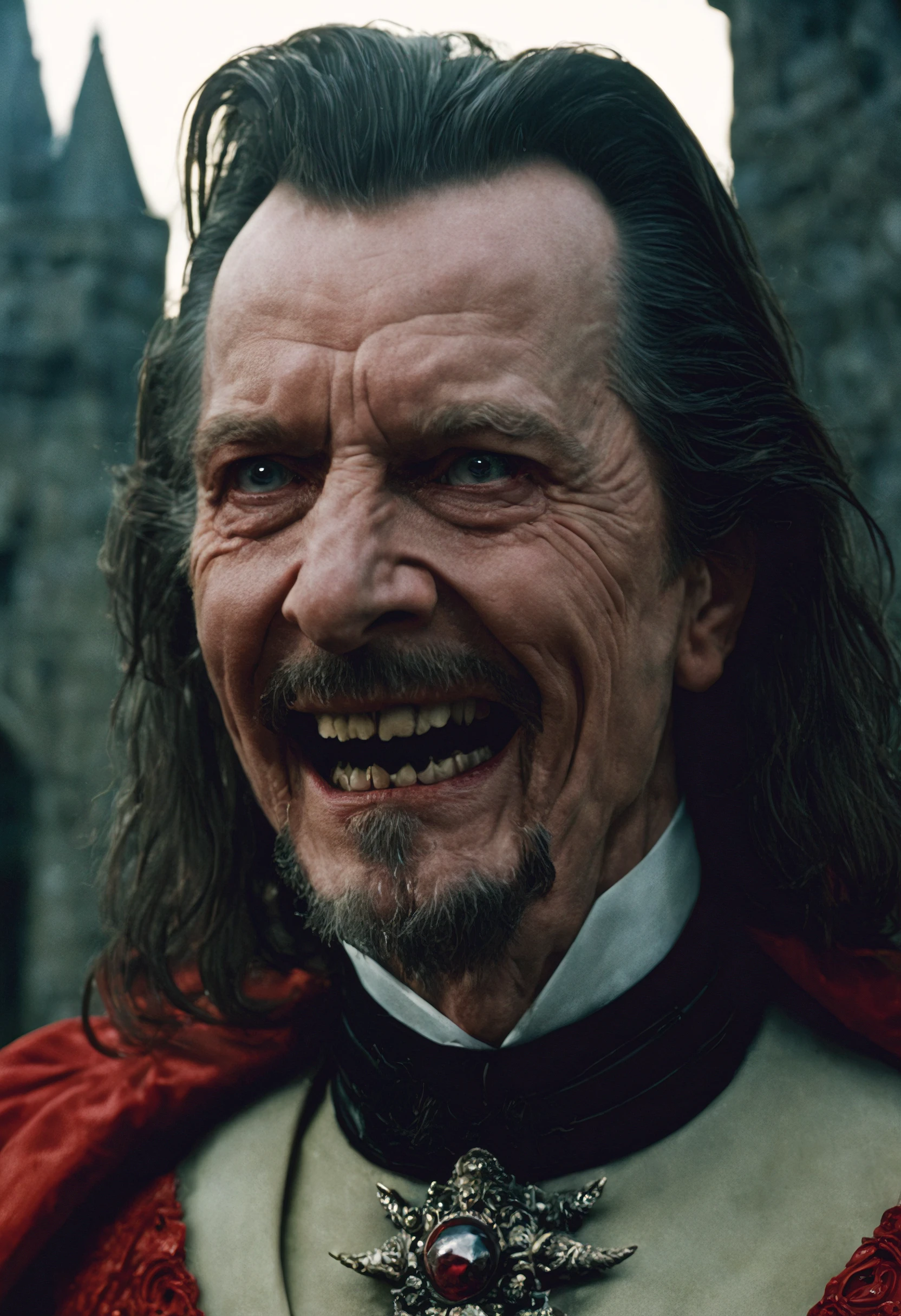 closeup cinematic still of (Gary Oldman) as dracula, creepy grin with (long canine-teeth bared), (1500s) inside creepy castle, red, fire, standing glaring, perfect eyes, detailed face, foreboding, menacing, sinister, creepy, intense, (bram stokers dracula movie), analog, high saturation