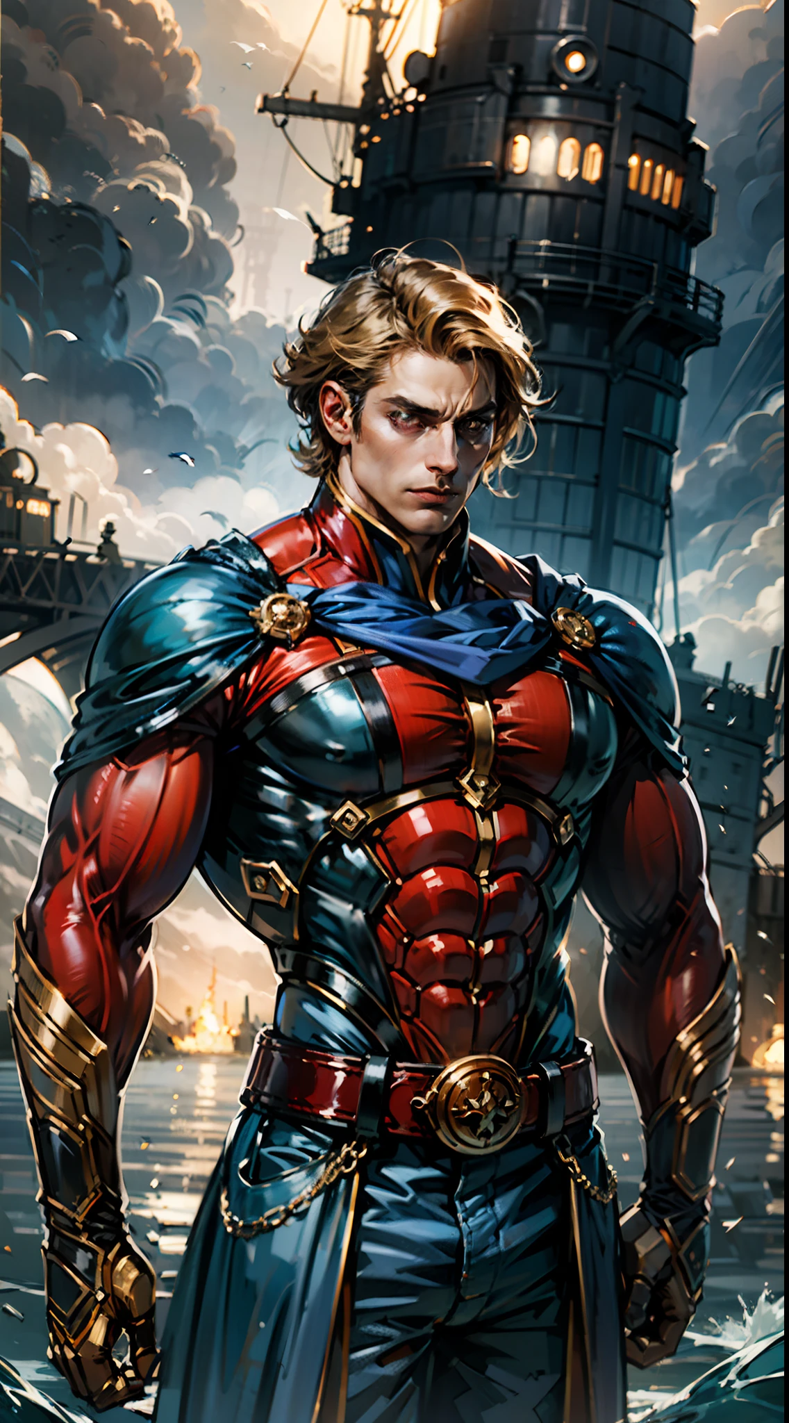 A middle-aged man with short golden hair, thick and tousled hair, a stern look, sharp eyes, well-defined facial features, a strong physique, he wears a short cape that flutters in the wind, a tight-fitting fantasy-style outfit, primarily in shades of blue-purple, accented by touches of orange-red and white, a gold belt with red jewels, matching trousers, the backdrop of a raging sea battle scene, a scene of intense naval warfare unfolds, this character embodies a finely crafted fantasy-style formidable maritime overlord in anime style, characterized by an exquisite and mature manga illustration art style, high definition, best quality, highres, ultra-detailed, ultra-fine painting, extremely delicate, professional, anatomically correct, symmetrical face, extremely detailed eyes and face, high quality eyes, creativity, RAW photo, UHD, 8k, Natural light, cinematic lighting, masterpiece:1.5