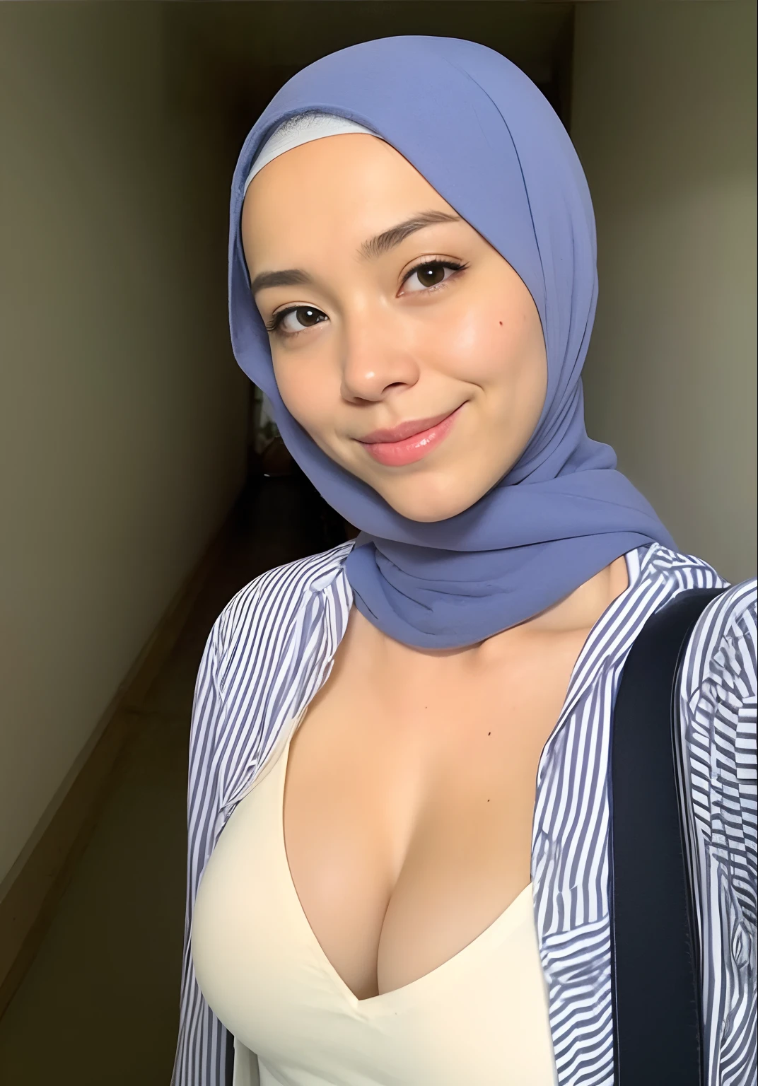 (64k, RAW photo, best quality, masterpiecel1.4), (realistic, photo-realistic:1.37), (lighting), (medium-breasted:1.2), ((erectnipples)), [[open legs, spread legs]], ((petite body)), ((photo of a muslim japanese woman in purple hijab)), ((wear thin white crop top:1.1)), ((upper body shot)), ((selfie shot)), ((shot taken from below)), open breast, open navel, huge breasts, thick eyebrows, ((looking at viewer)), ((kneel down on the bed)), ((smiling face)), happy face, extremely detailed fingers