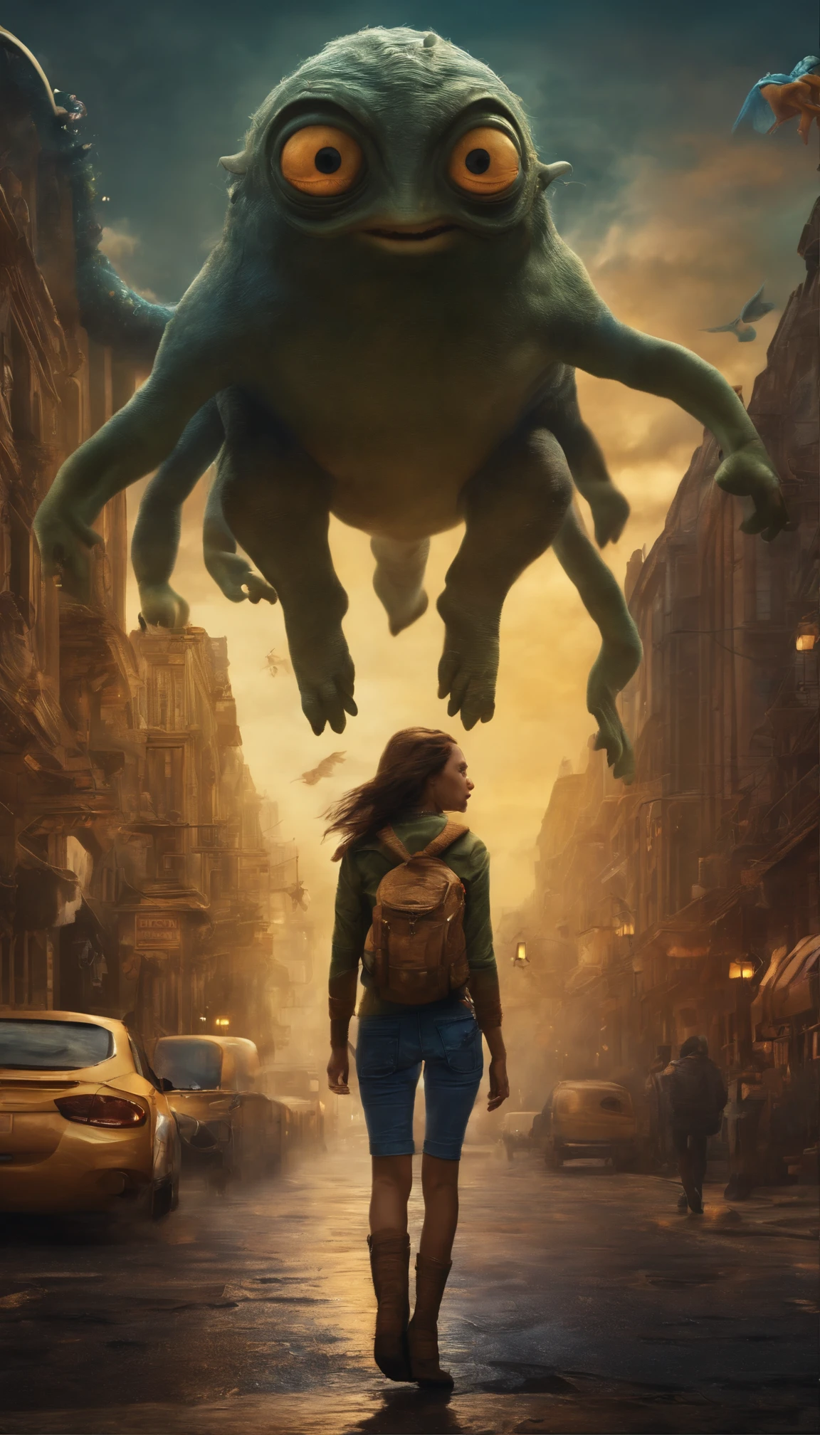 a girl beautiful detailed face carrying a little monster on his shoulder,wandering on the streets of the city,illustration,detailed character design,dynamic pose,urban environment,mixed media artwork,colorful,gritty textures,highly detailed background,impressive lighting,realistic style,playful,expressive face of the monster,stunning colors and shades,emotional connection between the girl and the monster,life-like rendering,best quality,4k resolution,ultra-detailed,professional artwork,vivid colors,sharp focus,studio lighting. Digital creatures in miró style, like machines real ultra realistic, devices interconnected, cables all over, wifi signals, xray, metal parts ,dancing in the air with monster minions, extremely detailed, high resolution, best quality, color realistic, vivid), 8 minions dancing in the air, admiring the scenery , extraterrestrial creatures, photography, on terrain, nebula sky, ((best silhouette)), best quality