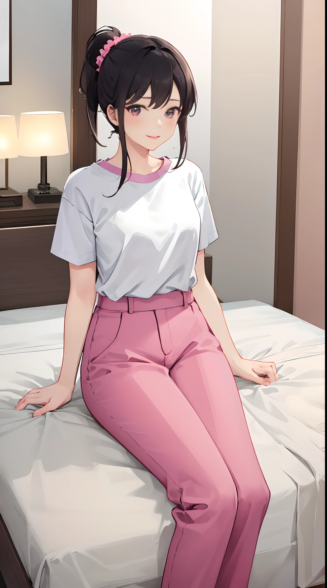 1girll, 独奏, Wear light-colored short sleeves，Wear pink slacks，sit on a bed，The chest is particularly large，Perfect hands，black ponytail