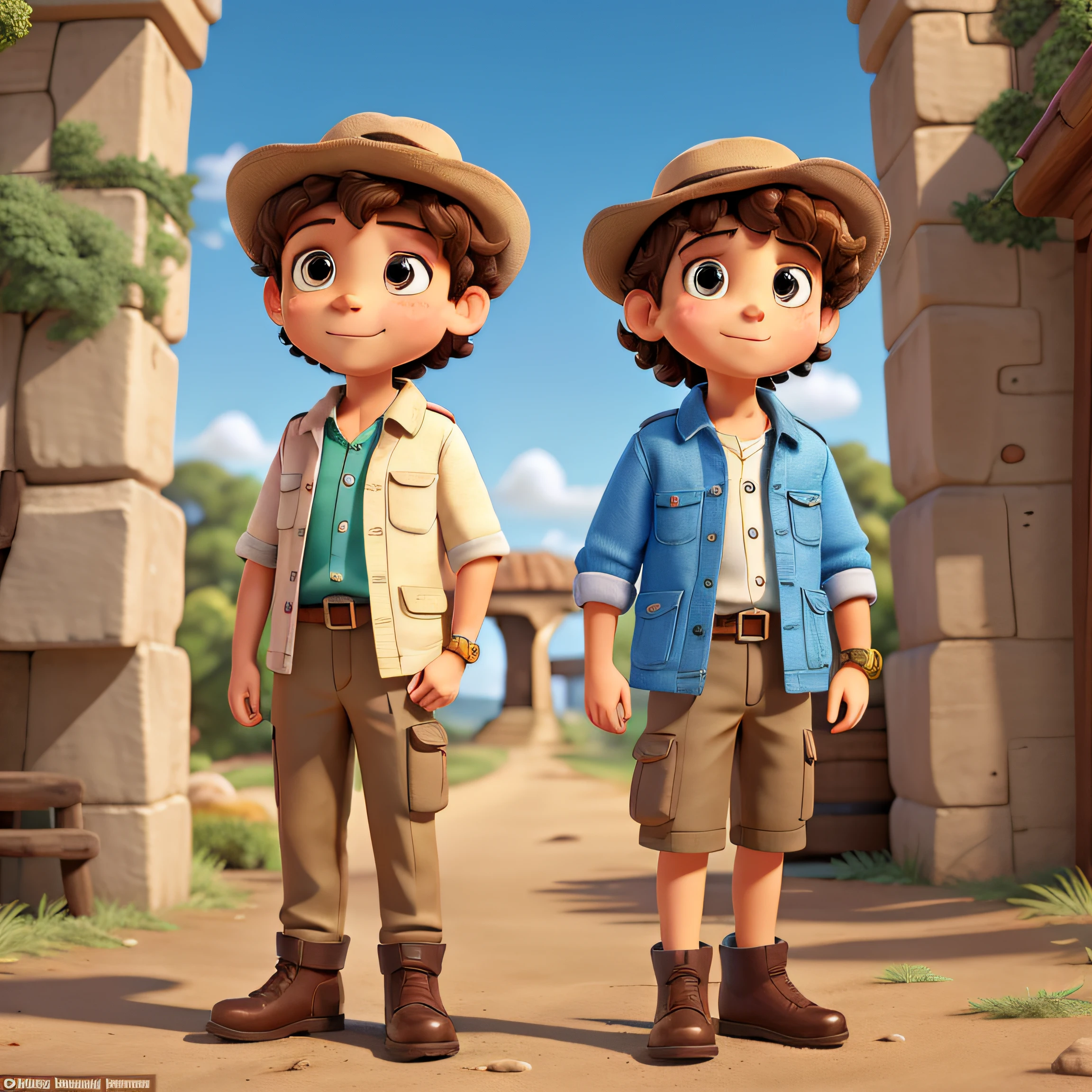 names: George described: George is a cool -yead boyurly brown hair and crystal green eyes. He is a fearless adventurer,Always ready to explore new places,Discover exciting things. Suits: George wears an adventure suit,Includes a pink short-sleeved shirt,There are purple polka dot details on it, Team it with brown trousers and medium boots. She also wears a brown explorer hat。。,A blue ribbon is tied to it, Watch with a treasure map in both hands,Perfect match for your adventure look. Fundo: These images show George in its entirety, Highlight his lively and adventurous expression. Create contrasts, background is white, Make George stand out,Convey a sense of freedom and open space for his adventures.