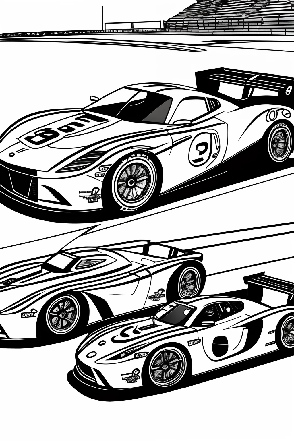 Draw a race car in action with other cars nearby, com muitos detalhes da pista e arquibancadas para colorir, in the style of a coloring book page, linhas simples, fundo branco