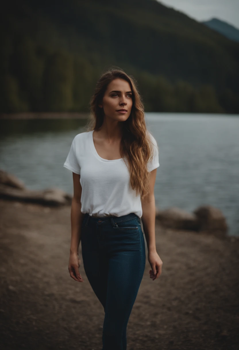 femme avec un jean, et un t shirt blanc devant un lac