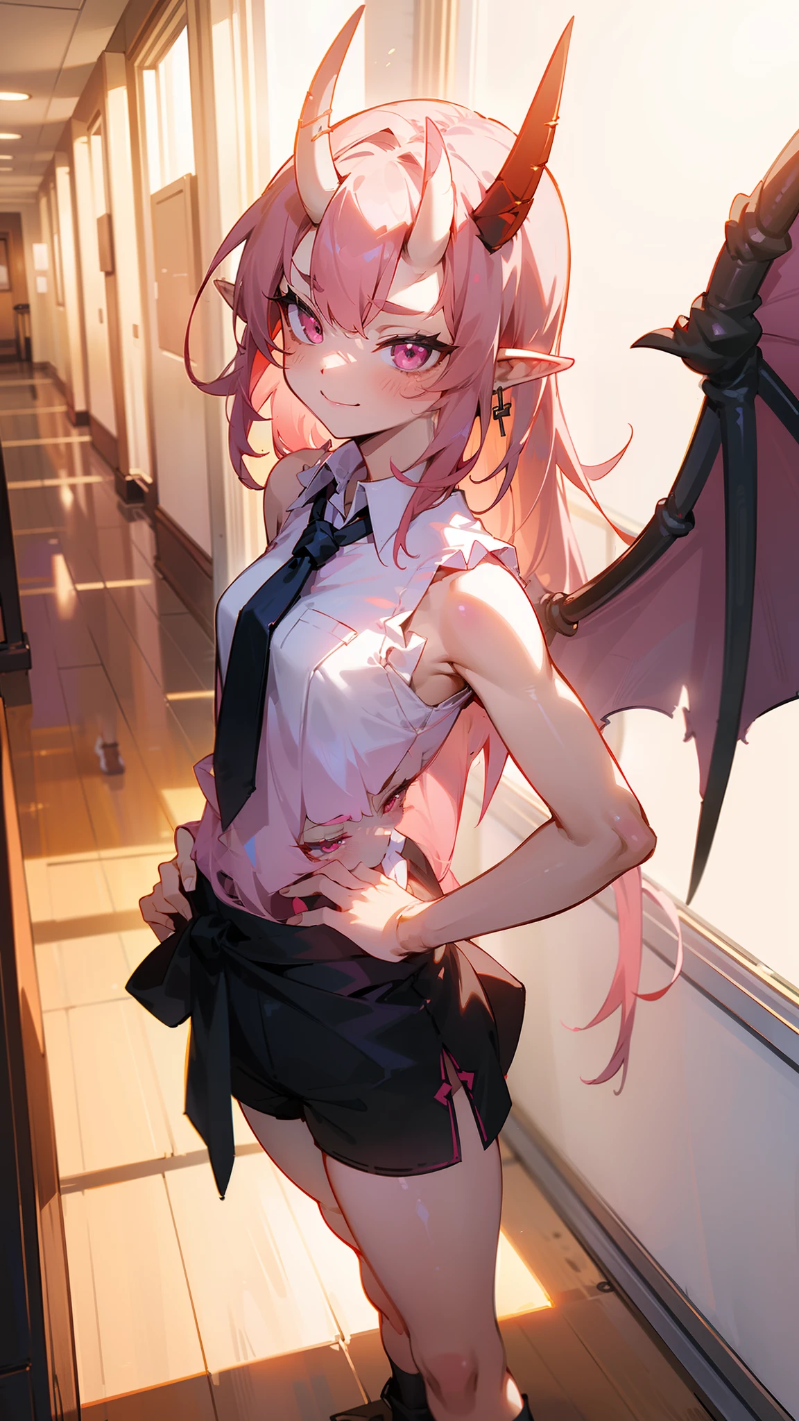 masterpiece, best quality,girl,small body,solo, cute face, pink eyes, small breast,red oni horns, white shirt,black tie, sleeveless, black shorts ,long hair, pink hair, pointy ears,dragon wings,smile,sexy,sensual(standing in a school hallway,sunlight),hands on waist