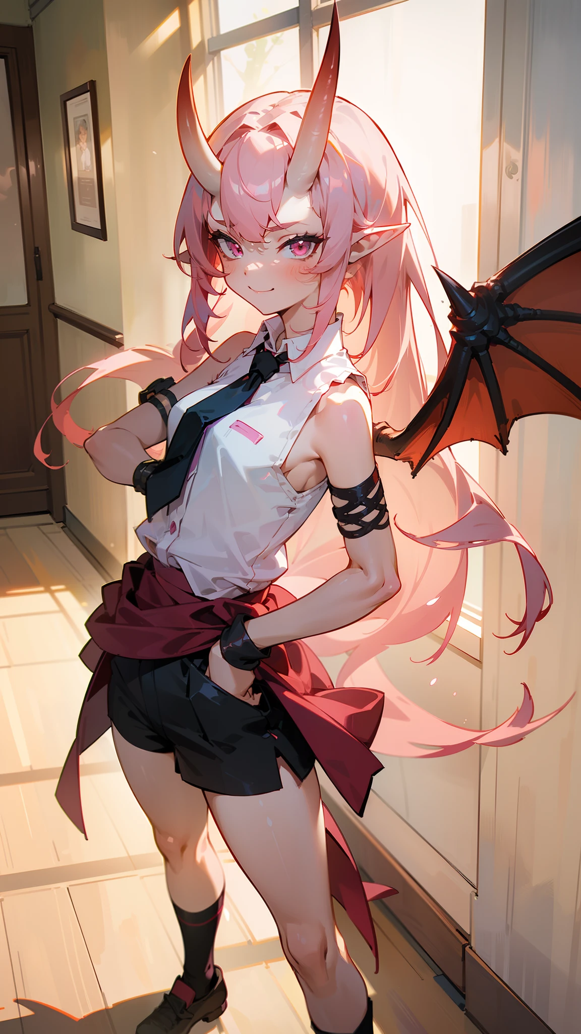 masterpiece, best quality,girl,small body,solo, cute face, pink eyes, small breast,red oni horns, white shirt,black tie, sleeveless, black shorts ,long hair, pink hair, pointy ears,dragon wings,smile,sexy,sensual(standing in a school hallway,sunlight),hands on waist