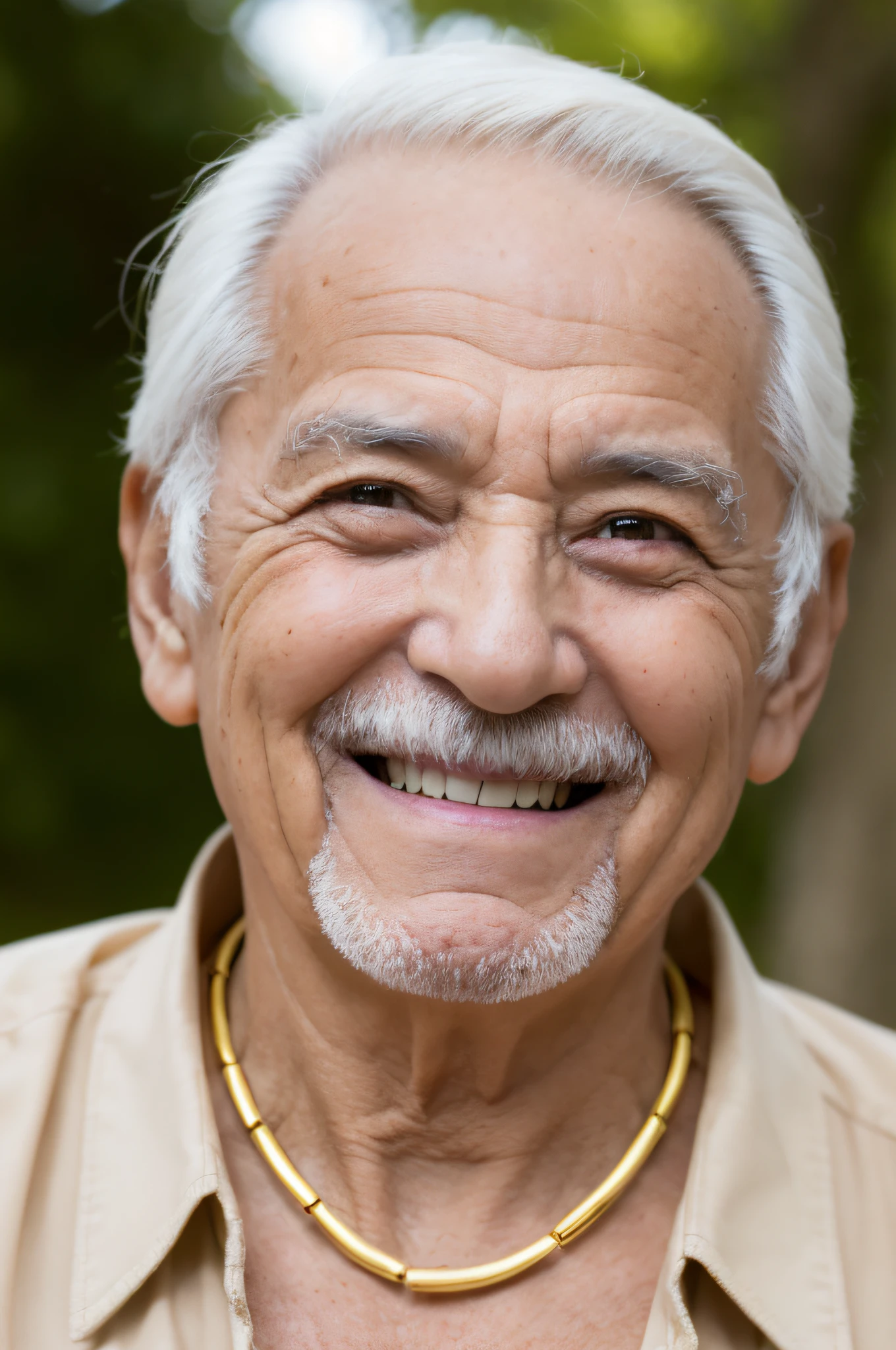 Um senhor, Velho ENCANTADOR com cara feliz e com expresion de prazer, gold necklace on neck, de 80 anos de idade, with wrinkles and aged skin, usando colares de ouro, olhando para a camera. 8K QUALITY, BEST QUALITY, FOCUS