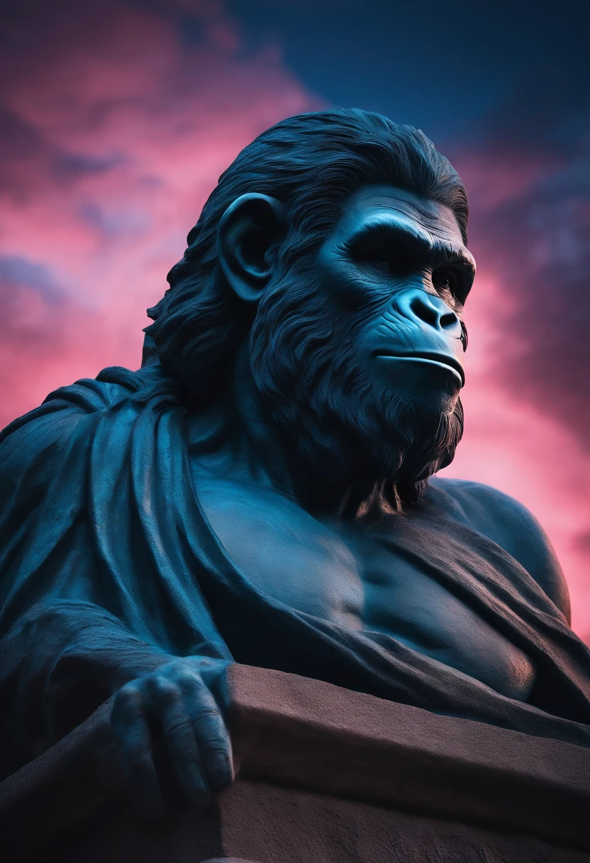 Planet of the Apes Bust of Roman Statue Greco, textura de rocha com respingo de cromo azul e rosa, night ligthning, background soturno, 8k, desfoque de camera