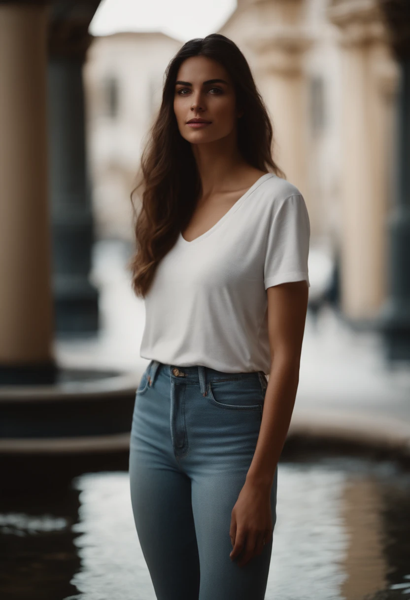 femme avec un jean clair, un t shirt blanc devant une fontaine