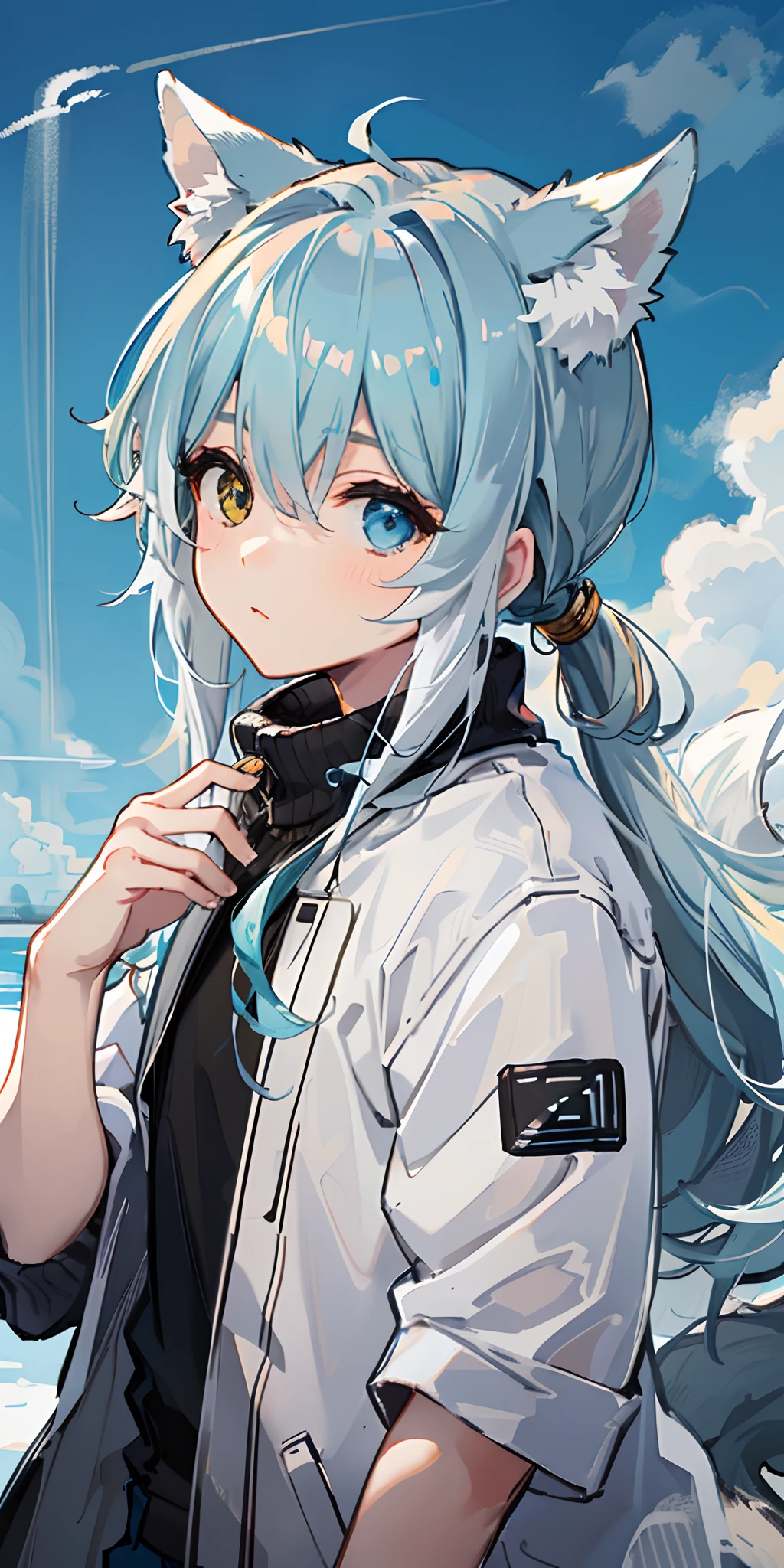 1boy，Shota，(high-definition quality，Masterpiece level)，（Heterochromatic eyes and the color of light blue hair echo each other），with clean lines，tmasterpiece, （lightblue hair）, Heterochromic eyes,(Wolf ears),(Wolf tail)，（（One tail）），（A young boy with），Lean body type，Dull hair，Brown pick dye，with fair skin，Low ponytail，sporty attire，Trench coat，short- sleeved，Short-sleeved sweatshirt，Looking at the sky，blue-sky，Don't look at the lens，Close both eyes，snowfield