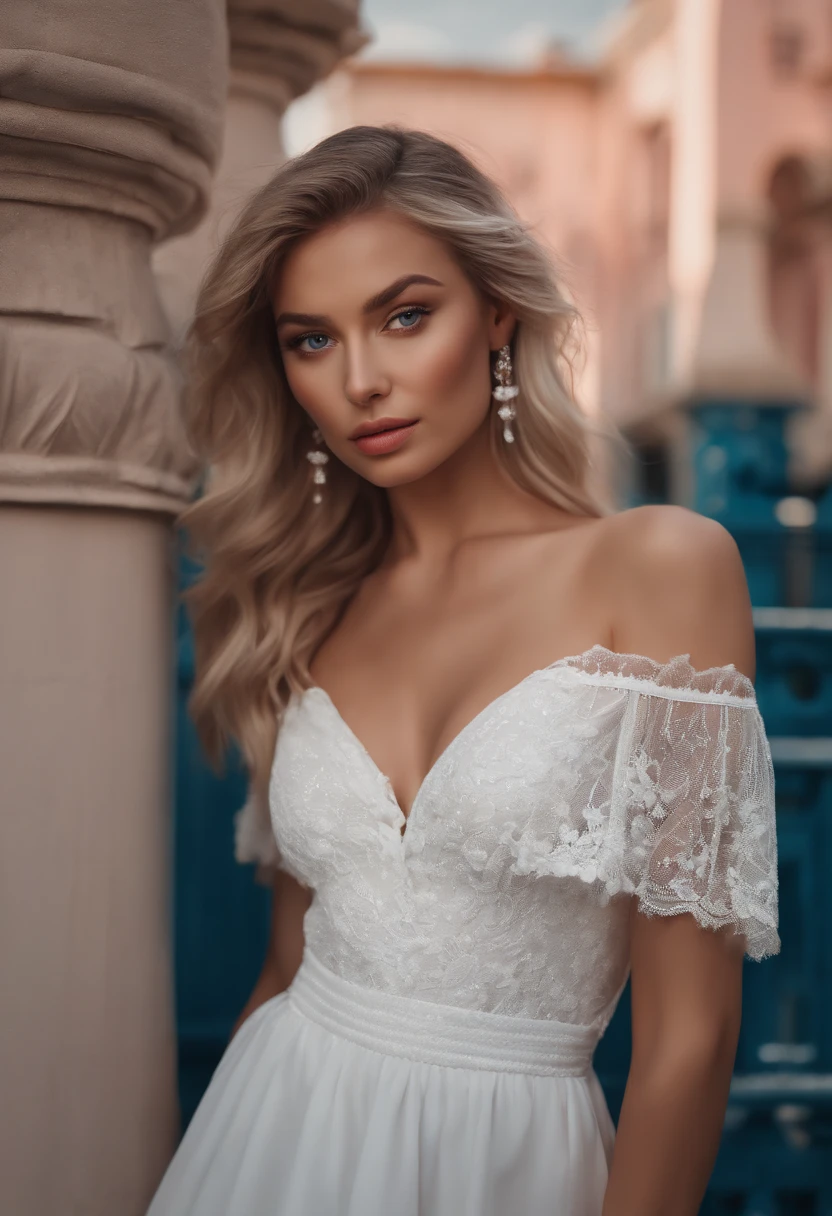 Best Quality, Masterpiece, Ultra High Resolution, (Realisticity: 1.4), Original Photo, 1girl, Pink Off-the-Shoulder, Cinematic Lighting, realistic white female instagram influencer, best quality, blonde, 1 girl, blue eyes, in white tight short dress
