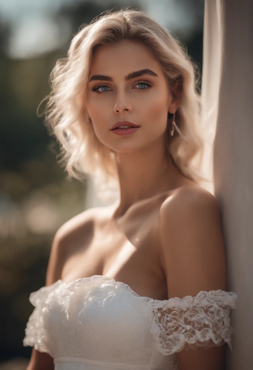 Best Quality, Masterpiece, Ultra High Resolution, (Realisticity: 1.4), Original Photo, 1girl, Pink Off-the-Shoulder, Cinematic Lighting, realistic white female instagram influencer, best quality, blonde, 1 girl, blue eyes, in white tight short dress