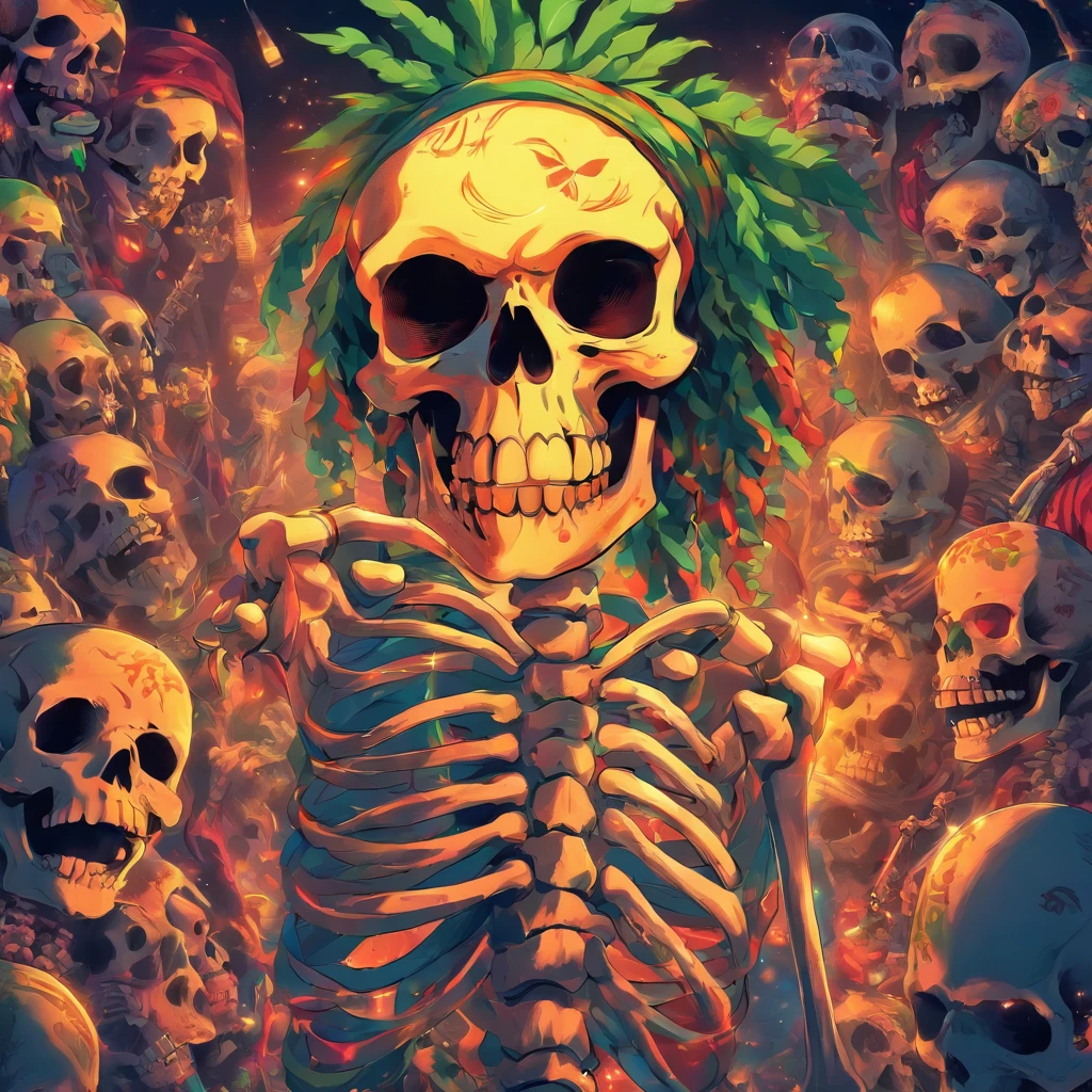 reggae, illustratio,Matte Effect[Matte Fukuto][Matt Fukuto], artistic,Singing, microphone, alcohol,skull, captain, Reggae skeletons are singing,livestream, banquet,wall paintings, goblet, a pirate, Skeleton Mask