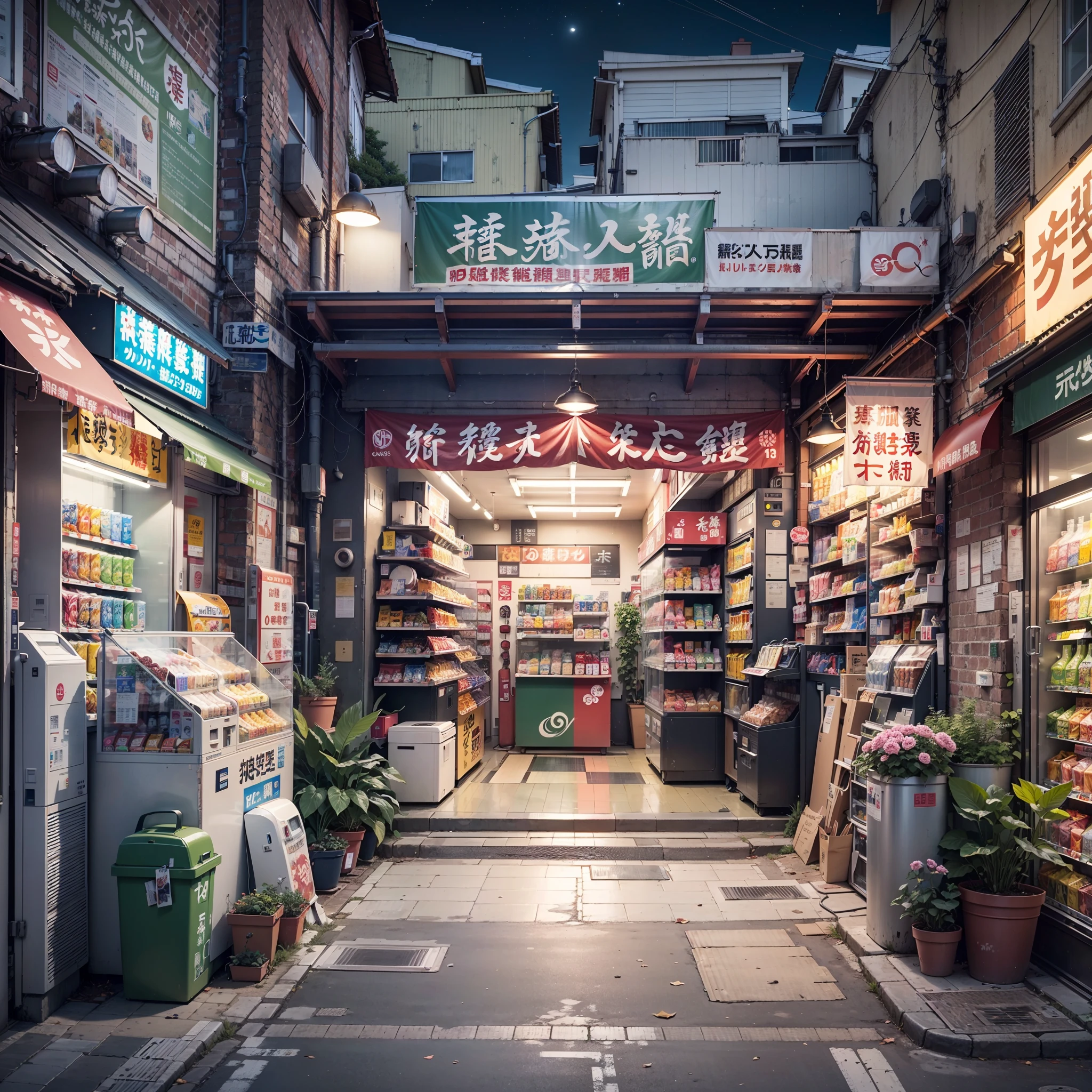 Anime background, empty, modern compact Japanese downtown street. anime, anime style. vending machines, trash cans, plant pots, drains, air vents, gutters, pipes, wires, big Japanese shop signs, retro Japanese shop banners. (no one :1), no one in sight. night time. best quality.