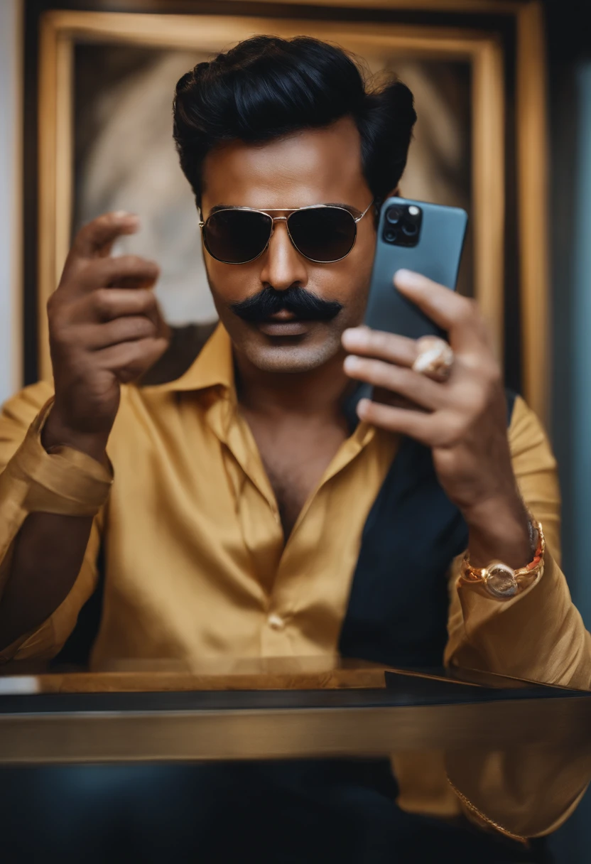 there is a man taking a selfie in front of a painting, a picture inspired by Narayan Shridhar Bendre, reddit, hyperrealism, selfie of a man, selfie!!!!! of a man, with sunglass, jayison devadas style, 8k selfie photograph, jayison devadas, profile pic, about 3 5 years old, portait photo profile picture