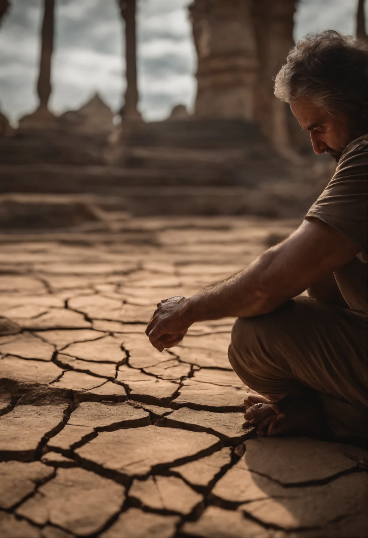 Um mundo de fantasia, Everything is magical, The environment has a magical touch, Man kneeling in front of the dry and cracked floor, foto realista, detalhes altos, melhor qualidade, 4k. mostrar homem de frente e mais de perto ajoelhado, show dry ground with plenty of cracks