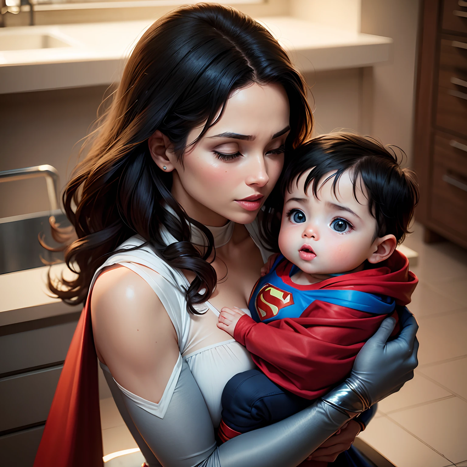 Woman holding baby, Superman's mother with a baby, Lara jor el, Superman baby, Krypton being destroyed, Mother saying goodbye to son , mulher adulta, roupas kryptonianas, filhos de kryptoniano, mami + filho