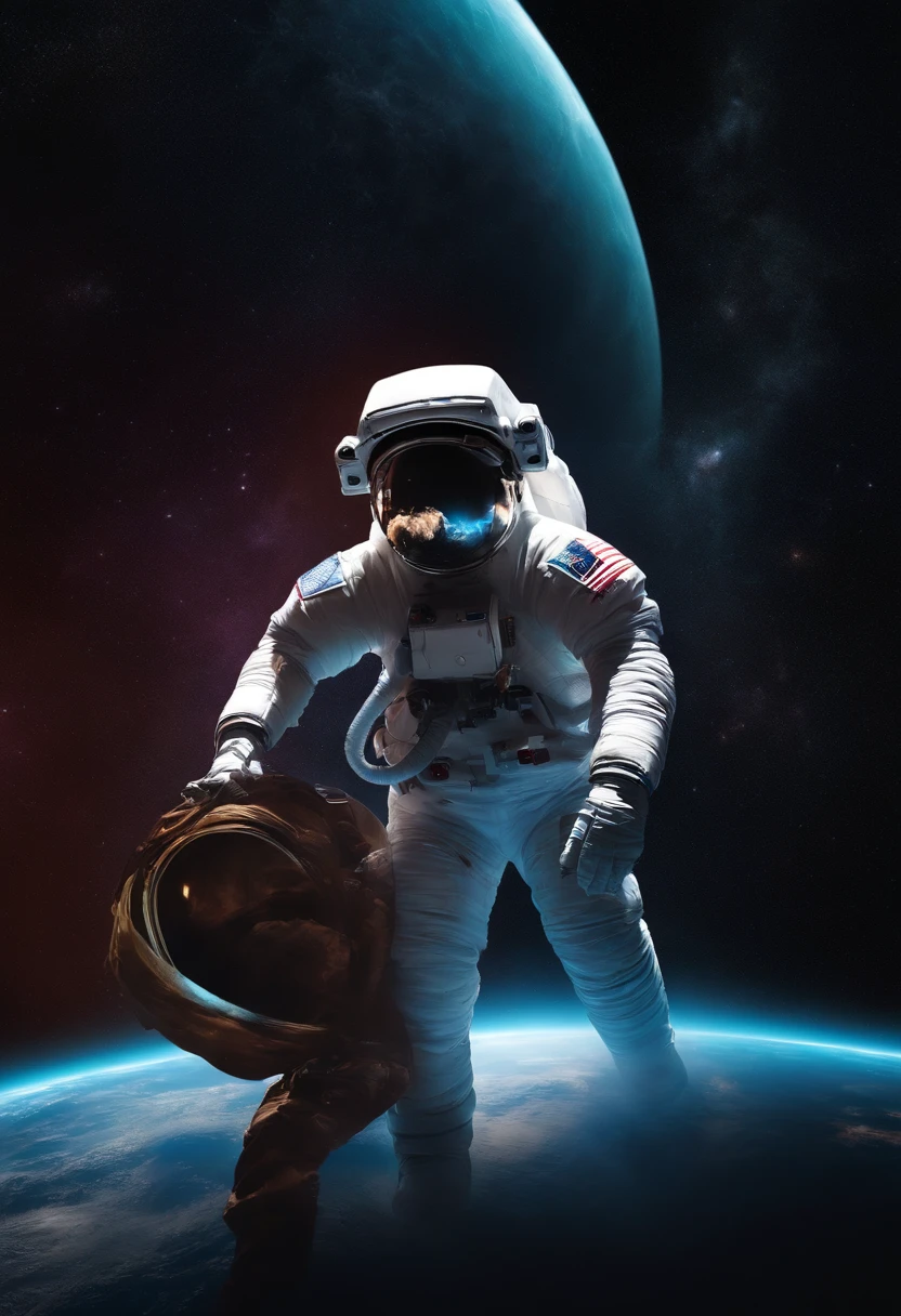 planeta dos macacos, astronauta, neon lighting, realista, detalhado, background estilo xenomorpho, particulas voando, smoke in the background, deep space