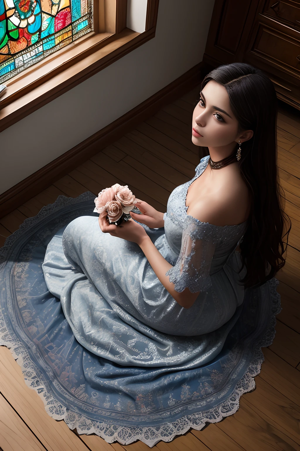(ultra-realistic),  best quality, realistic, full body portrait, real picture, intricate details, In a large, airy room, a 30-year-old Iranian woman sits in the meddle of room. The room is filled with light from the stained-glass windows, which cast colorful patterns on the walls and floor. The woman is wearing a traditional Iranian silk dress, which is long and flowing. The dress is decorated with intricate floral patterns  in light silver and dark indigo. In her hand, she holds a rose, which is also a symbol of Iran, extremely detailed long hair, , The woman's face is turned down, and she is looking at the rose in her hand. , dramatic back light, bird eye view,   highly detailed, perfect face, black eyes,  Fujifilm XT3, RAW photo, 8K UHD.