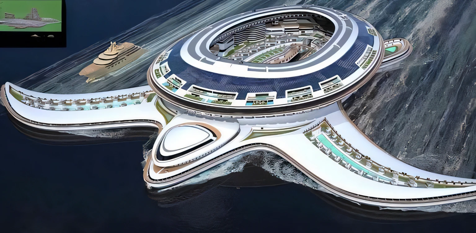 There is a futuristic building on the water with a boat in the background, City of the future in Russia, Cidade Russa do Futuro, Porto espacial futurista, Cidade flutuante, floating palace, no futuro telhado do aeroporto, a digital rendering, casino futurista, Vicente Callebaut, huge futuristic building, No estilo de Norman Foster, base futurista, Futuristic orbital station!!!!, megaestrutura