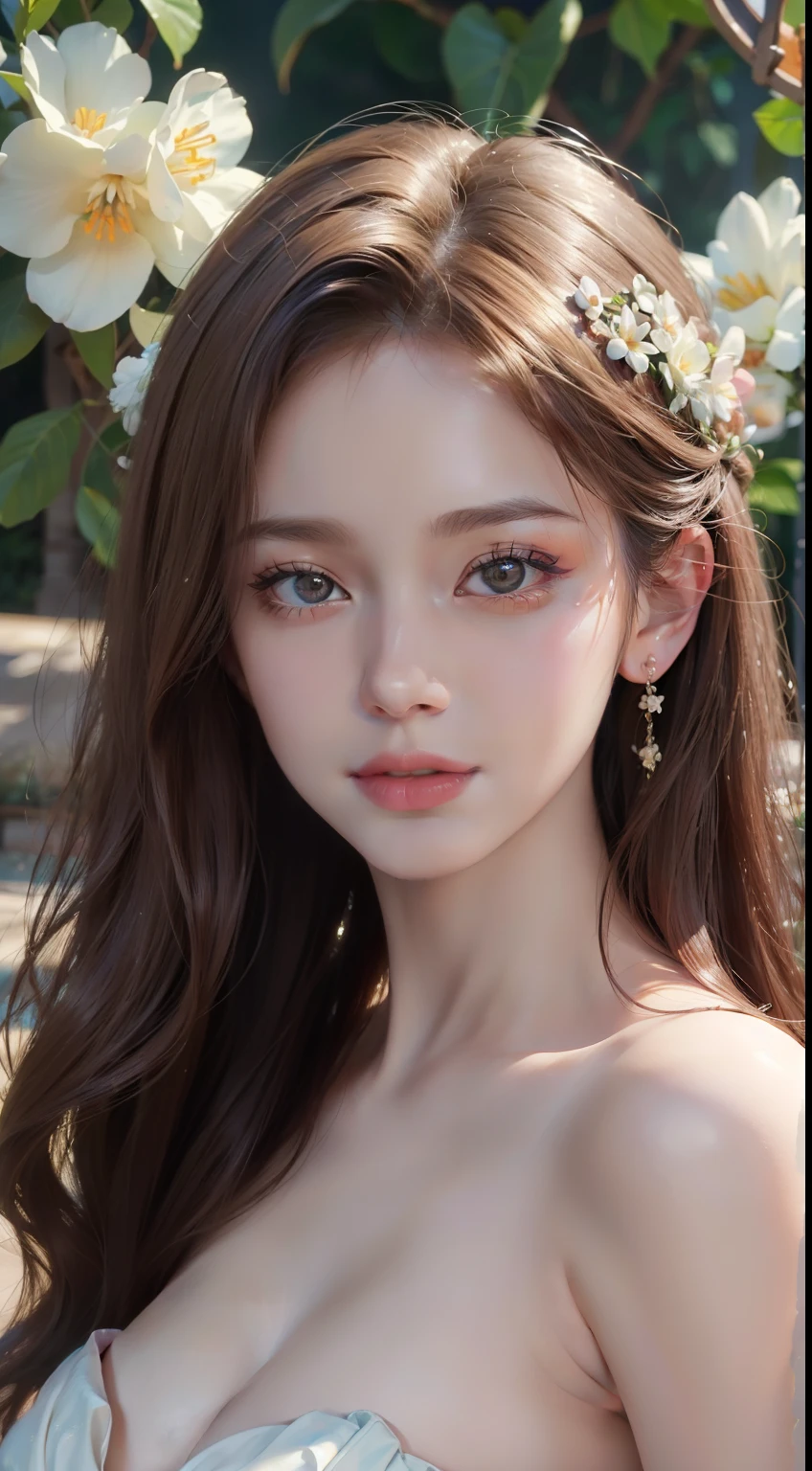 (eyes:1.1,lips:1.1),(best quality,4k,8k,highres,masterpiece:1.2),ultra-detailed,realistic:1.37,loose soft hair,bright smile,porcelain skin,floral garden backdrop,vibrant colors,soft lighting,artistic portraits