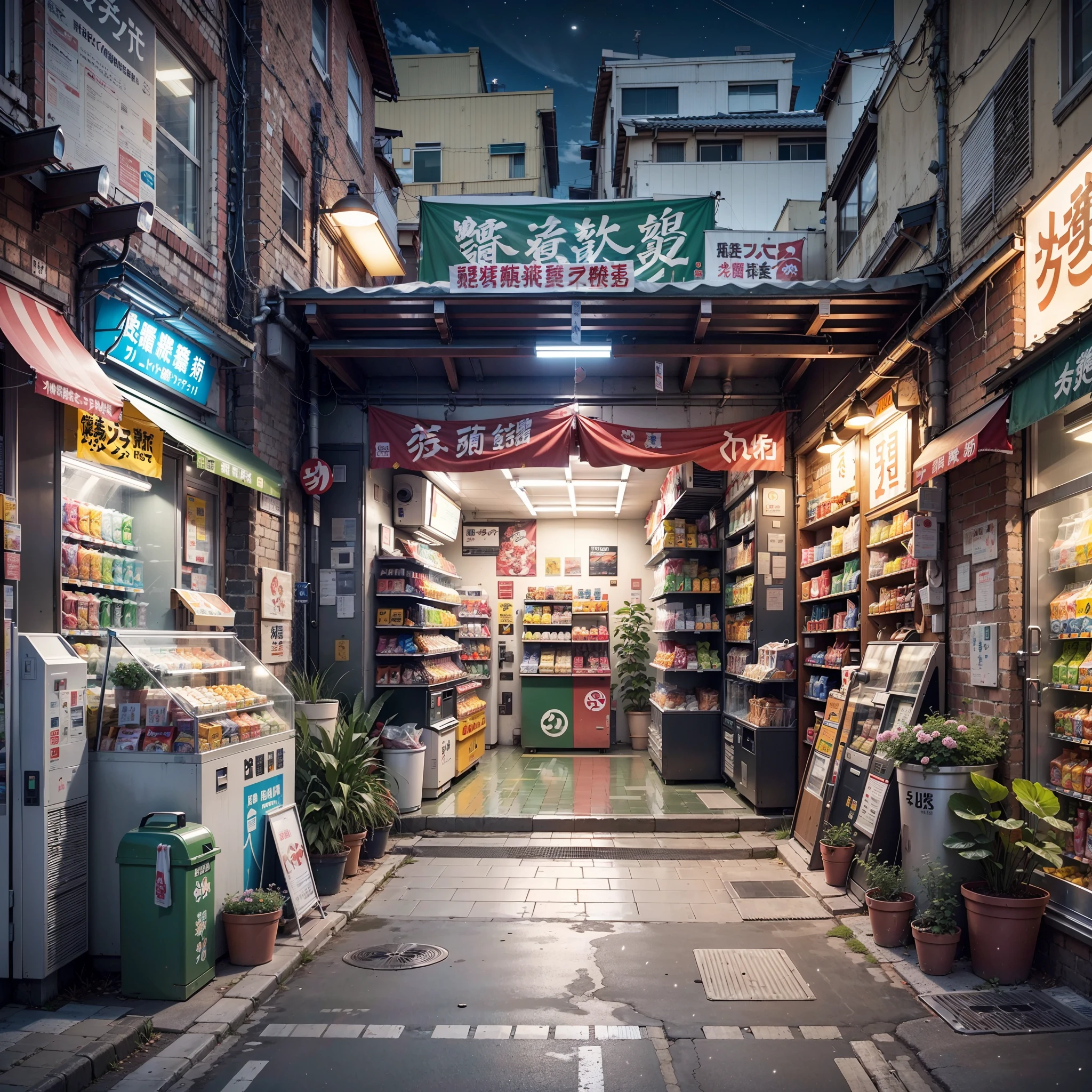 Anime background, empty, modern compact Japanese downtown street. anime, anime style. vending machines, trash cans, plant pots, drains, air vents, gutters, pipes, wires, big Japanese shop signs, retro Japanese shop banners. (no one :1), no one in sight. night time. best quality.