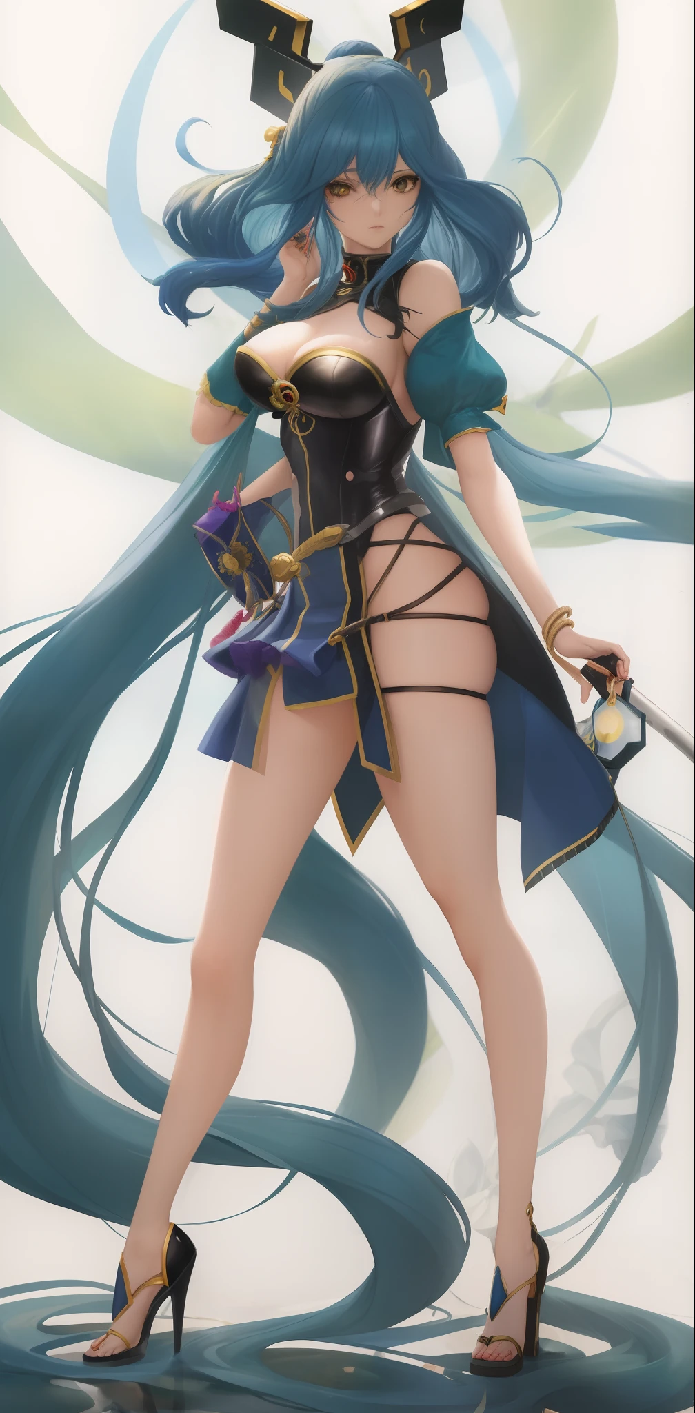 um desenho de uma mulher com uma espada e um vestido, conceito detalhado de corpo inteiro, inspirado em Masamune Shirow, conceito de corpo inteiro, personagem de fantasia complexa, Snake woman hybrid, Estilo de Masamune Shirow, ( ( arte conceitual do personagem ) ), Personagem conceitual, female mecha, Ciborgue sereia com um chicote laser, full body character concept