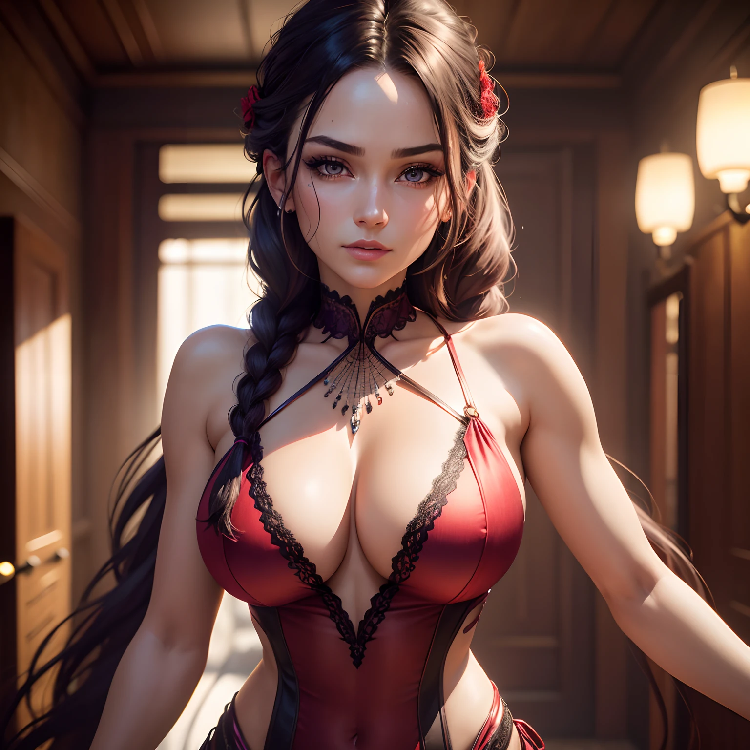 Scene with close-up focus, Pretty woman, Detailed purple eyes, horse hair extension, braided horse zeal, eye shadow, thighs, medium breasts, silk dress with multiple red and yellow, mesh halter neck, intricately detailed outfit, At home,Dynamic pause, soft volumetric lighting, Perfect facial anatomy, perfect eye anatomy, high detail, hdr, detailed face, glossy, Smooth, flawless skin, realistic details, hdr