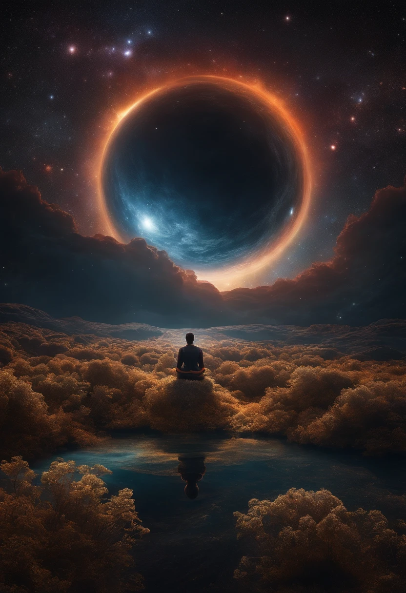 cosmonauta, LOTUS POSITION, segurando um buraco negro, energia convergindo, deep space