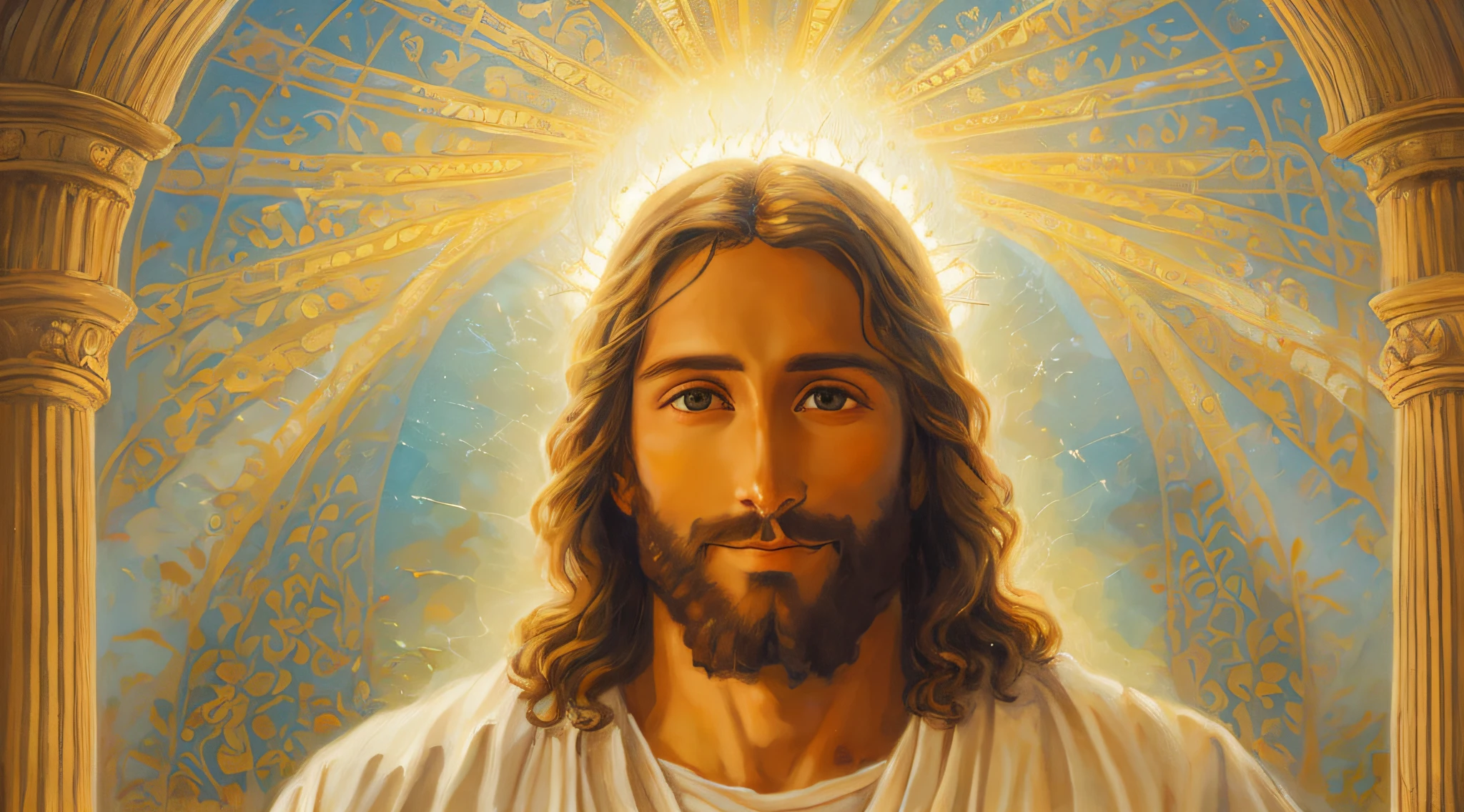 A painting of Jesus with a halo in heaven, Jesus Christ, Smiling in heaven, Portrait of Jesus Christ, Face of Jesus, Young God Almighty, Portrait of a Heavenly God, Greg Olsen, Jesus Gigachad, Jesus of Nazareth, Jesus, The face of God, God looking at me