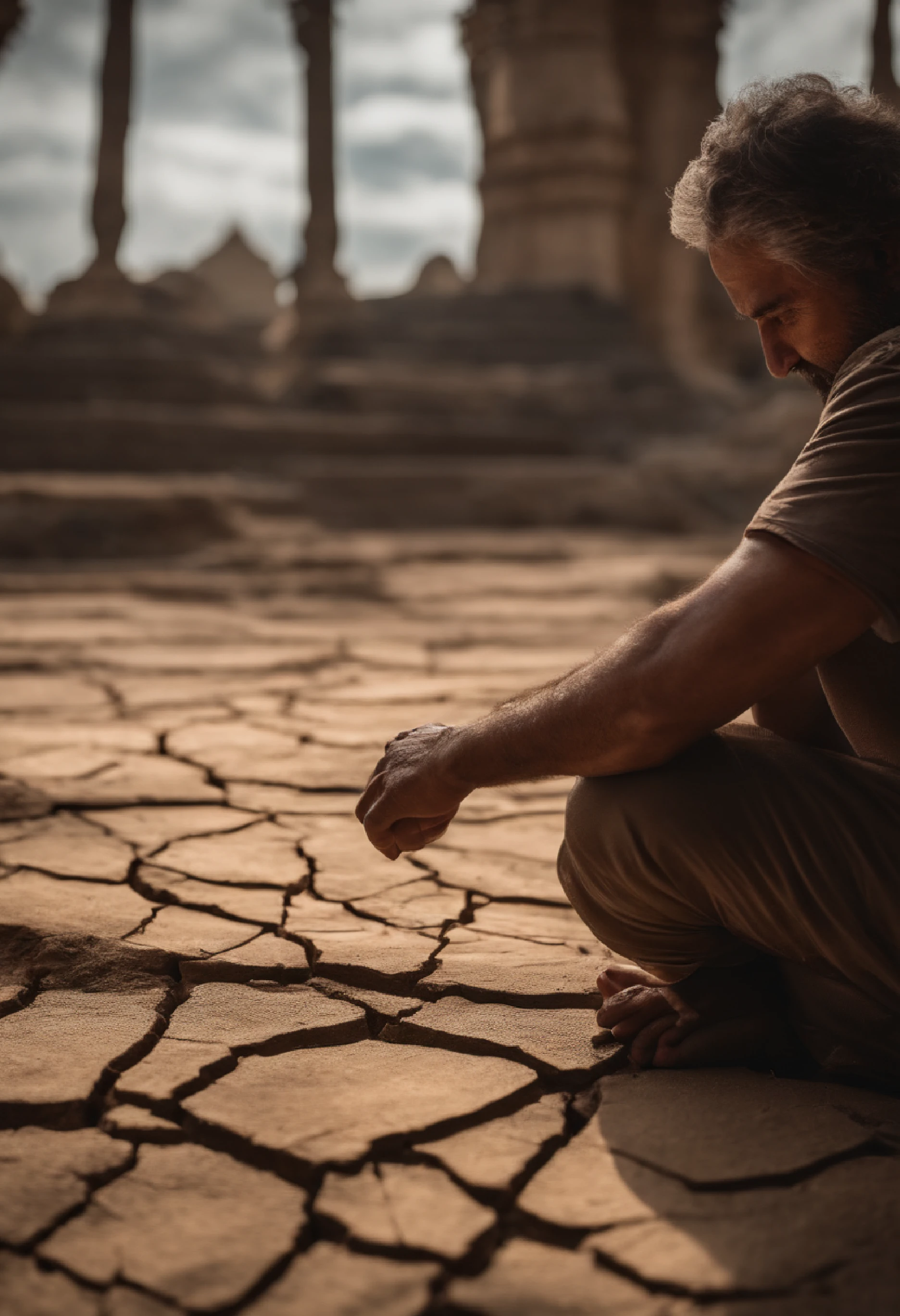 Um mundo de fantasia, Everything is magical, The environment has a magical touch, Man kneeling in front of the dry and cracked floor, foto realista, detalhes altos, melhor qualidade, 4k. mostrar homem de frente e mais de perto ajoelhado, show dry ground with plenty of cracks