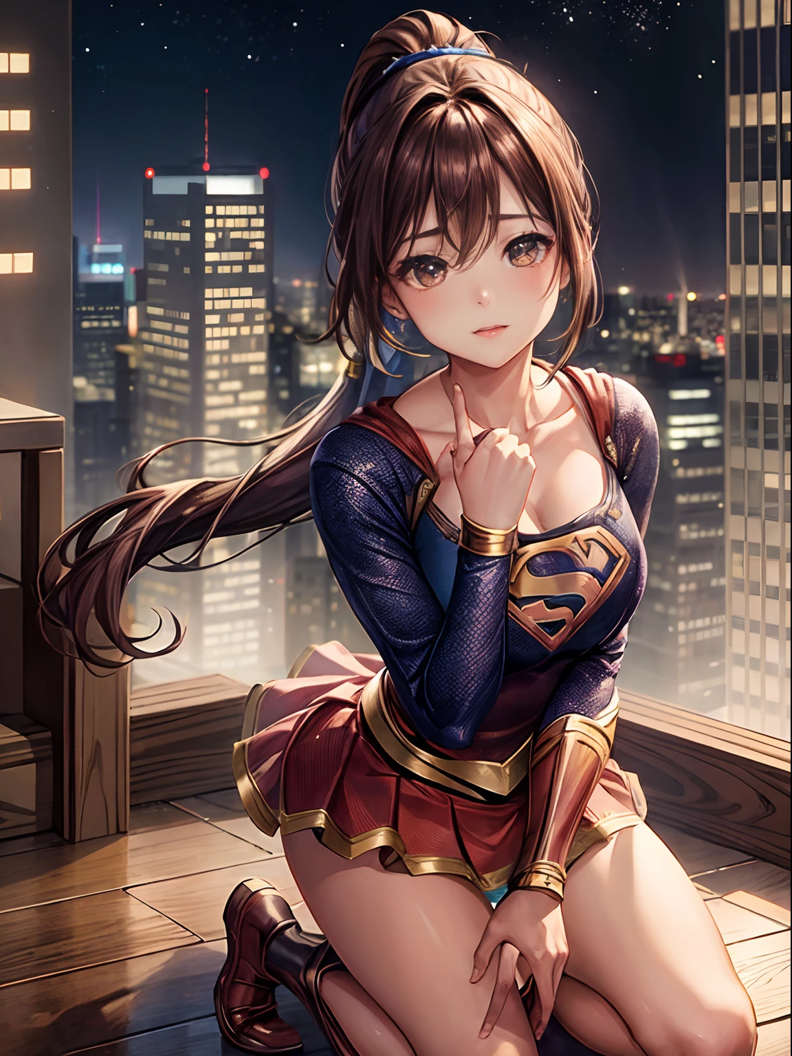 top-quality、Full limbs、complete fingers、one beautiful women、Beautiful Large Breasts、((Neck-length ponytail))、Brown hair、((Supergirl Costumes))、night skyscraper、Crisp face、Kneeling