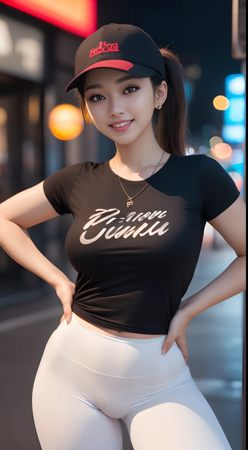 8k, masterpiece, RAW photo, best quality, photorealistic, extremely detailed CG unity 8k wallpaper, Depth of field, Cinematic Light, Lens Flare, Ray tracing, (extremely beautiful face, beautiful lips, beautiful eyes), intricate detail face, ((ultra detailed skin)) 1girl, full body, big breasts, in the dark, deep shadow, pretty korean girl, kpop idol,(very slim slender fit-muscled body), ((looking at viewer)),(big smile), (fashion city night, (neon sign), (blurry background), midnight, (vacant city), (without people in the background), pretty korean girl, white diamond earrings, dia bracelets, dia necklace, clear eyes, (pale skin), (big eyes), ((full body shot)), (baseball cap), ((red color leggings)), (camel toe, shape), ((T-shirt )), (ponytail), ((smile)) ((sexual pose)), hands to the camera
