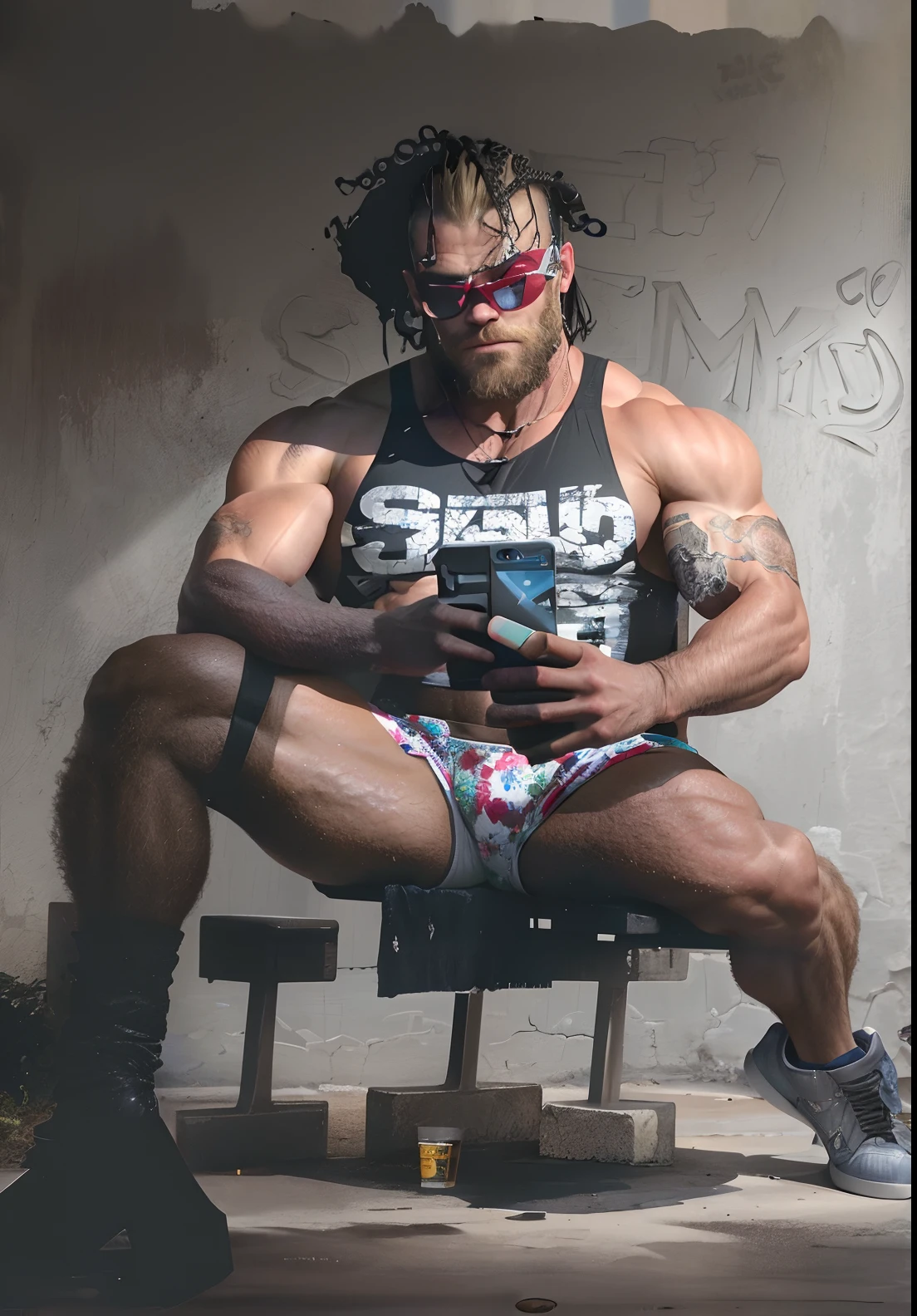 there is a man sitting on a bench with a cell phone, technoviking male with no shirt, artist wearing dirty, muscular thighs, super buff and cool, beefcake pose, squatting, sitting down, manly monster tough guy, inspired by Candido Bido, extremely muscular, mr universe, sitting on a metal throne, shot on nikon z9