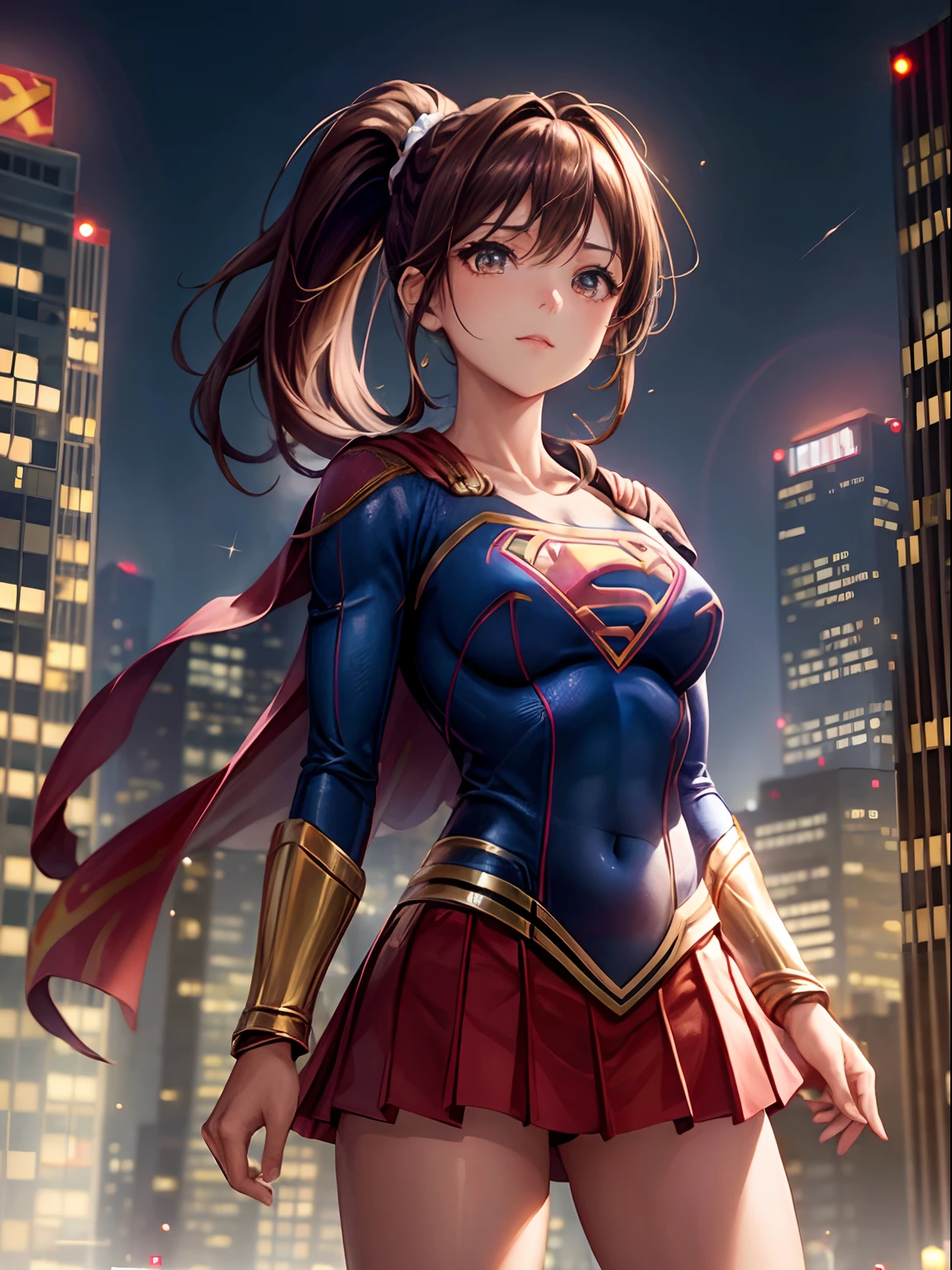 highest quality、complete limbs、Beautiful woman、solo、((brown haired woman:1.4))、((A woman with a tied hairstyle))、big breasted woman、((Woman in Supergirl leotard))、smile、skyscrapers at night、((woman with hands on hips:1.3))