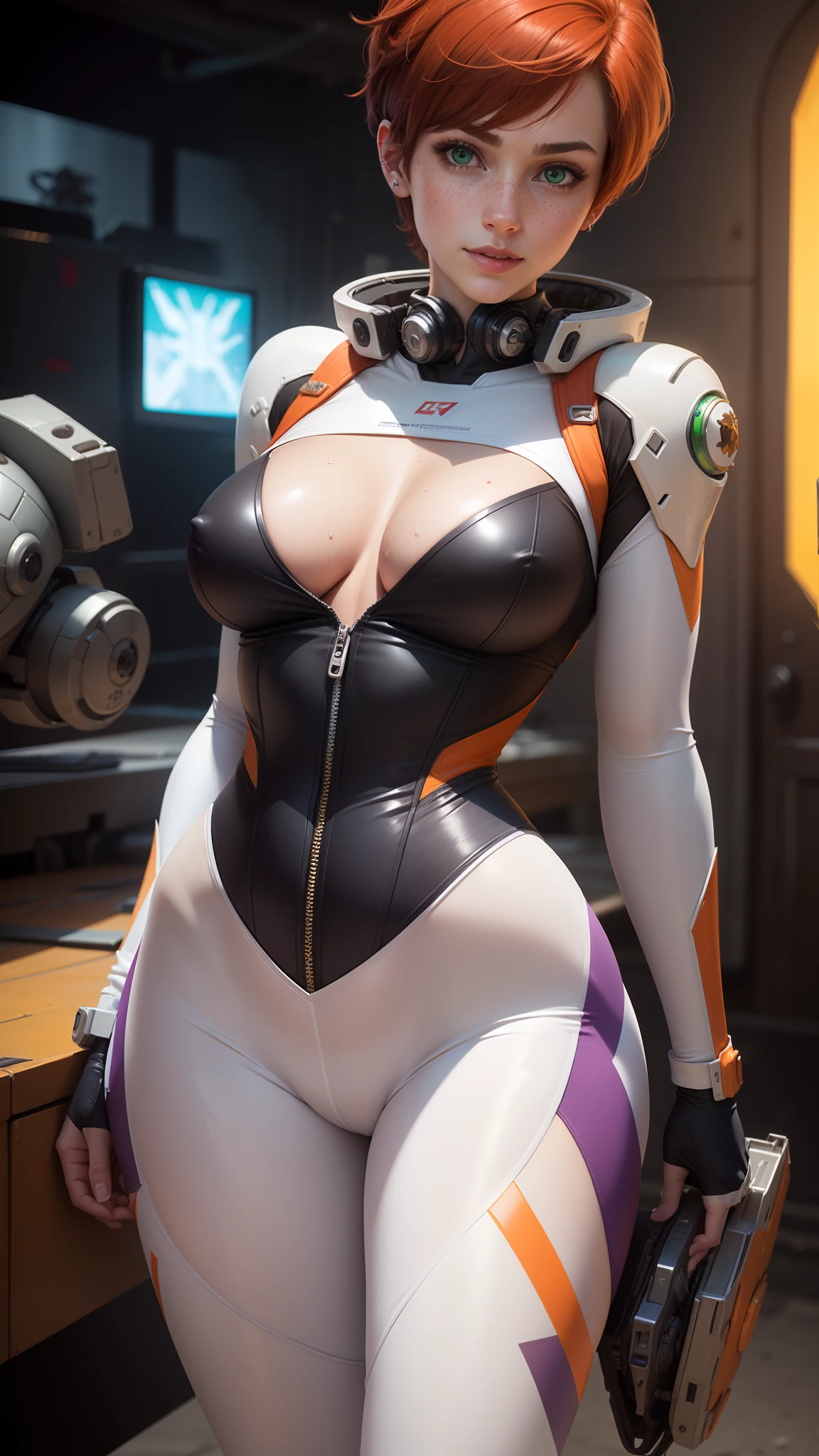 gwen tennyson,tracer,samus,rebecca chambers,overwatch,gundam,1girl,close up,mecha pilot,space port,mecha space suit,space marine,pirate corset,white long sleeve lycra top,wet body,white leggings,short hair,war makeup,green eyes,orange hair,purple highlights,shy smile,freckles,redhead,beautiful girl,large breasts,ultra detailed,realistic,fantasy art,