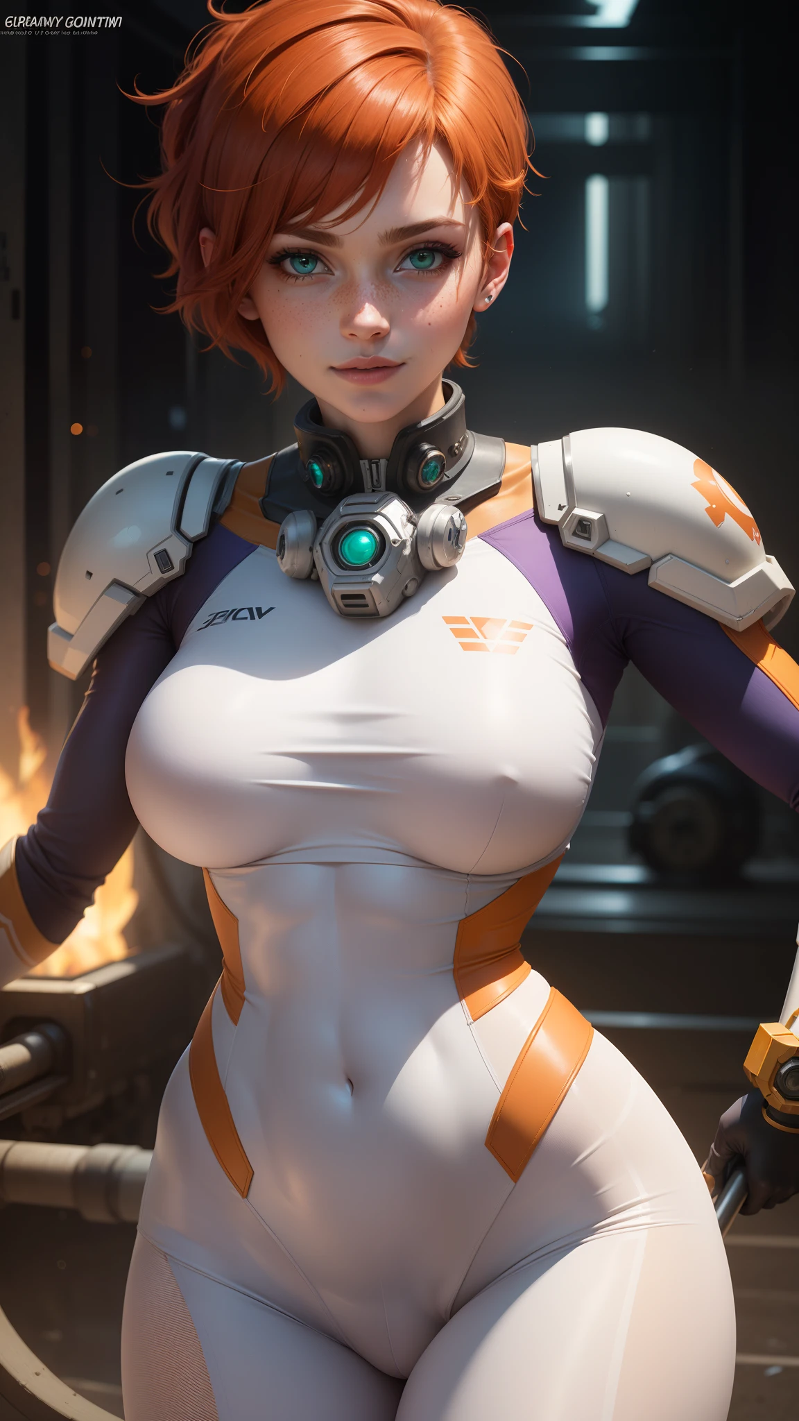 gwen tennyson,tracer,samus,rebecca chambers,overwatch,gundam,1girl,close up,mecha pilot,space port,mecha space suit,space marine,pirate corset,white long sleeve lycra top,wet body,white leggings,short hair,war makeup,green eyes,orange hair,purple highlights,shy smile,freckles,redhead,beautiful girl,large breasts,ultra detailed,realistic,fantasy art,
