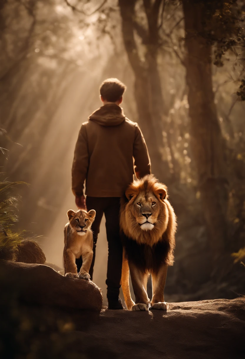 a lion with a boy, Cinematic and realistic image with a very detailed environment