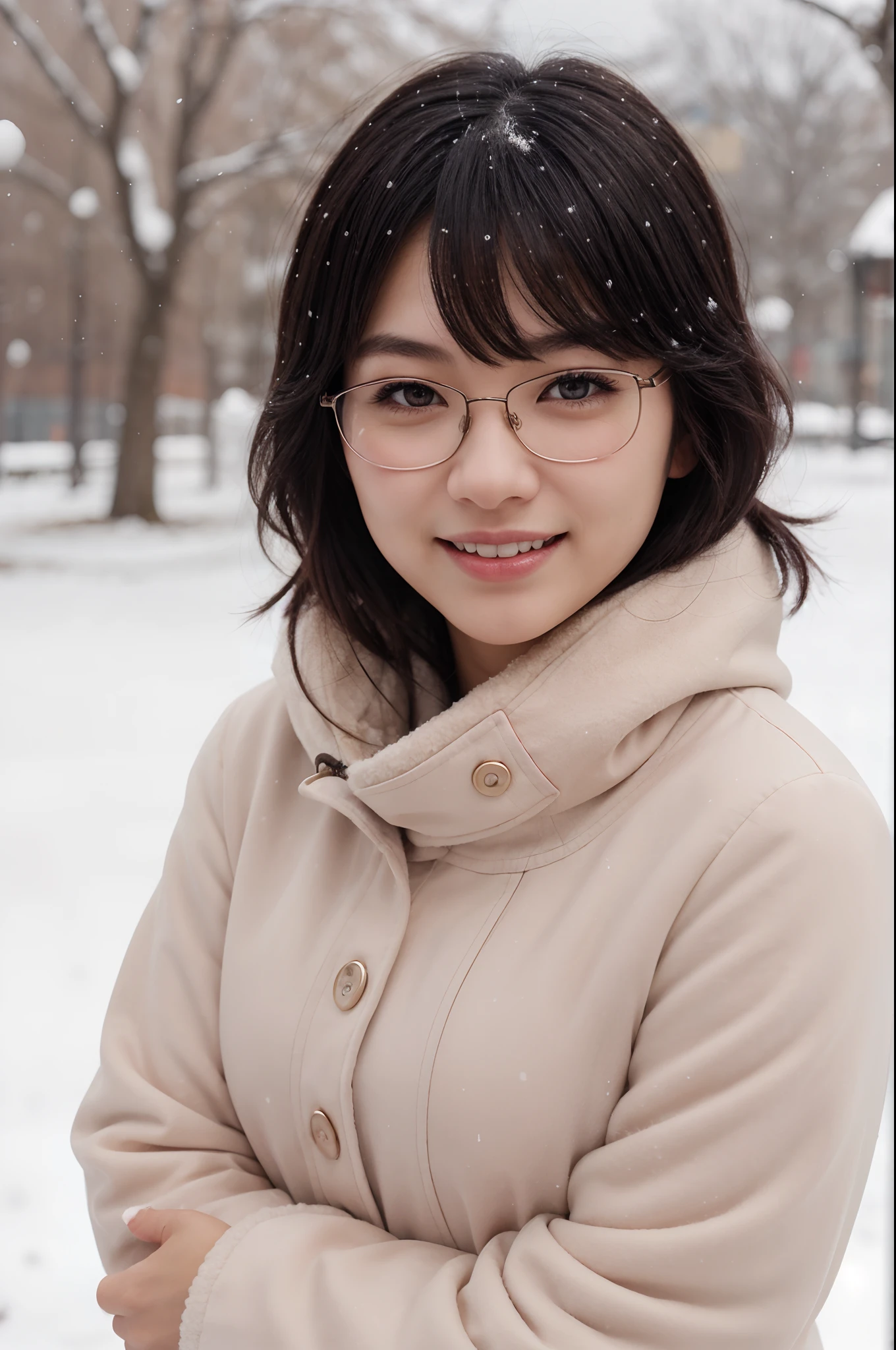 ((solo)), 1girl, japanese woman, blush, perfect illumination, short wavy black hair, brown eyes, sidelighting, detailed face, bangs, bright skin, smile, casual winter clothing, rimless glasses, snowy background, falling snow, cold