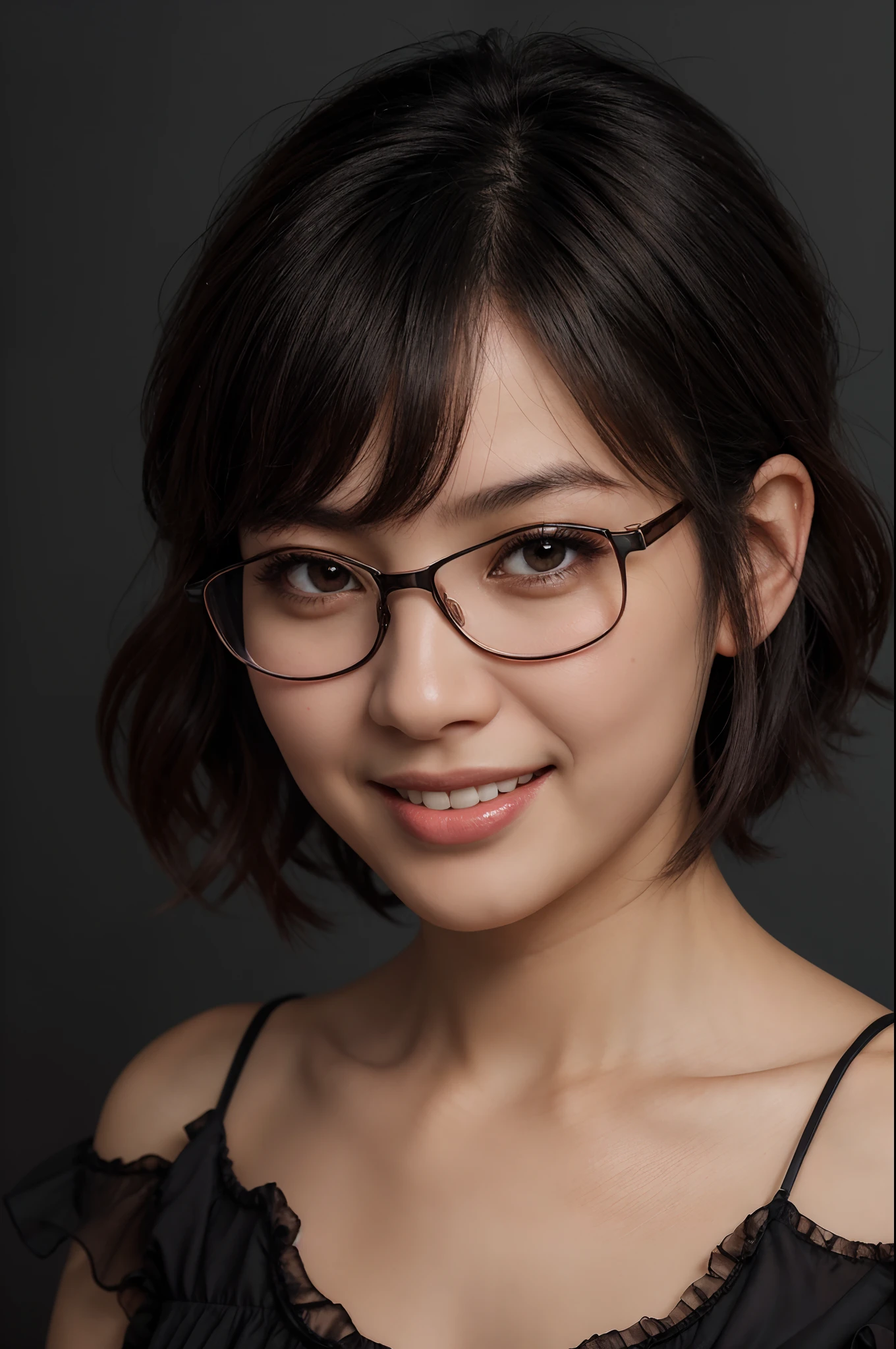 Short hair, Black hair, Glasses, Smile, Depth of field, First person view, UHD, Textured skin, Super detail, High quality, Best quality, cleavage, bedroom, bed, Japan Idol, before kiss