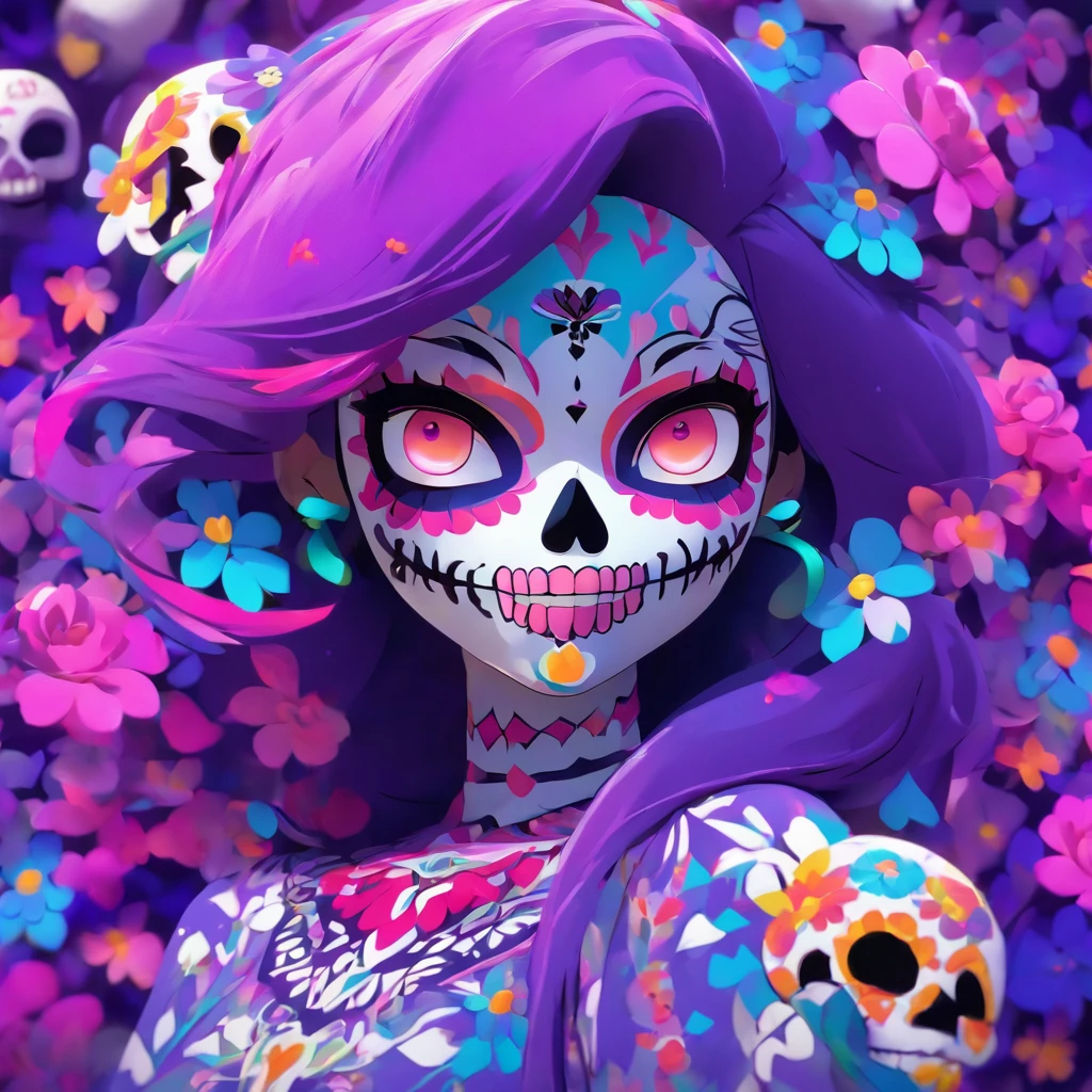3d model of a girl with a sugar skull head, in the style of inventive character designs, close-up intensity, animated gifs, made of flowers, mexican muralism, playstation 5 screenshot, dark violet and white --ar 69:128 --s 750 --v 5.2