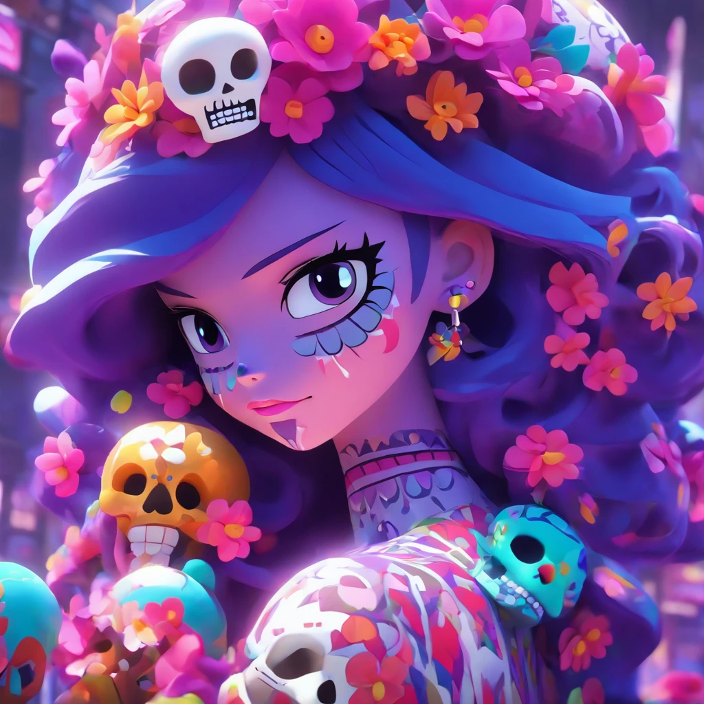 3d model of a girl with a sugar skull head, in the style of inventive character designs, close-up intensity, animated gifs, made of flowers, mexican muralism, playstation 5 screenshot, dark violet and white --ar 69:128 --s 750 --v 5.2