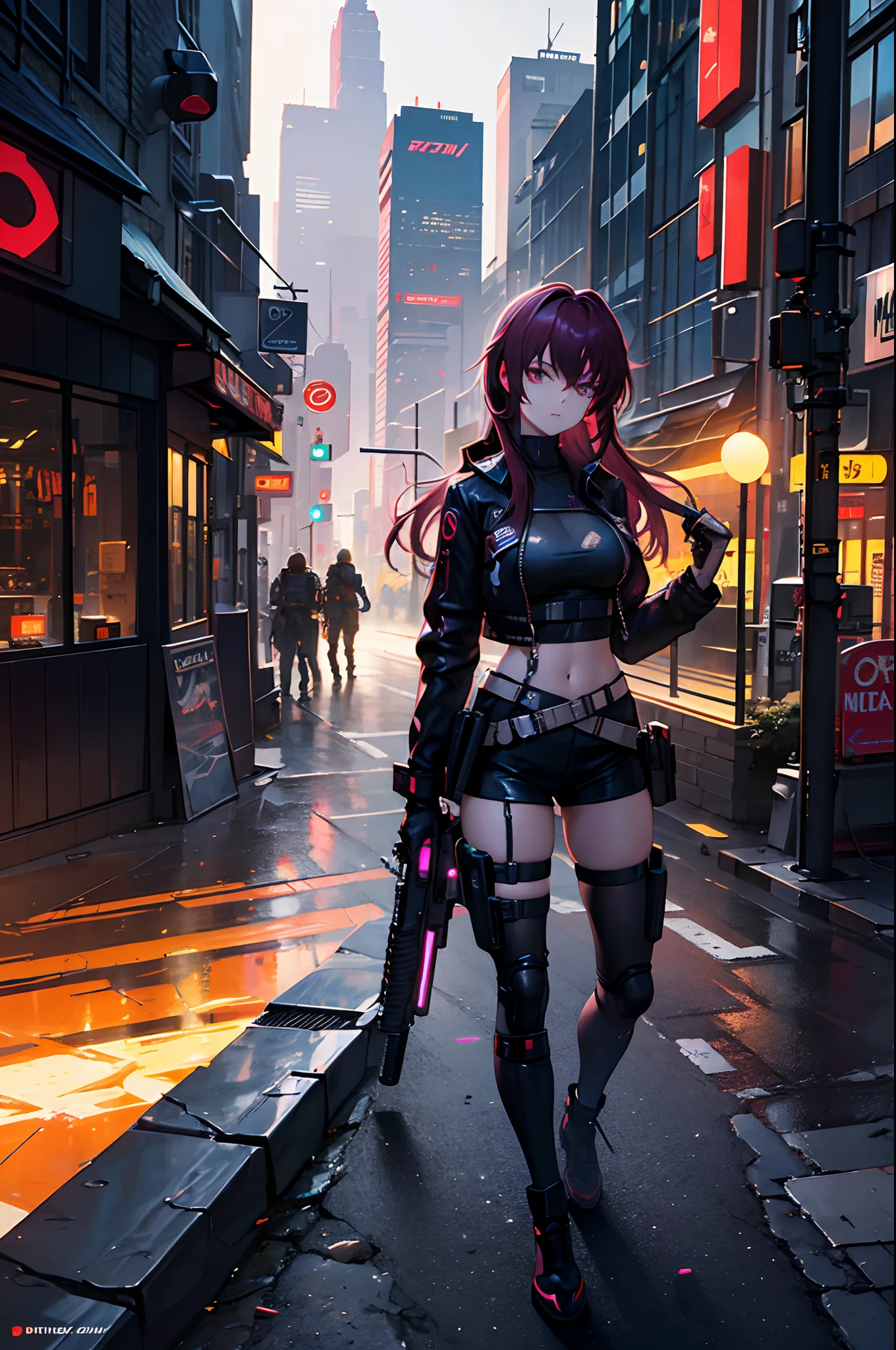 masterpiece, cyberpunk, crowd, city, night, neon light, toned, sci-fi, extremely detailed 8k wallpaper, 1girl, holding gun, battle, revy, revyGun, balalaika, roberta