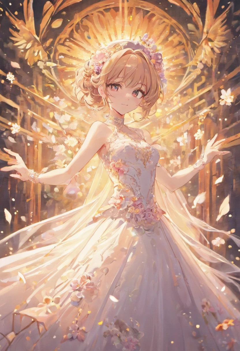 Create a wedding dress light and elegant with flowers embroidered on the top